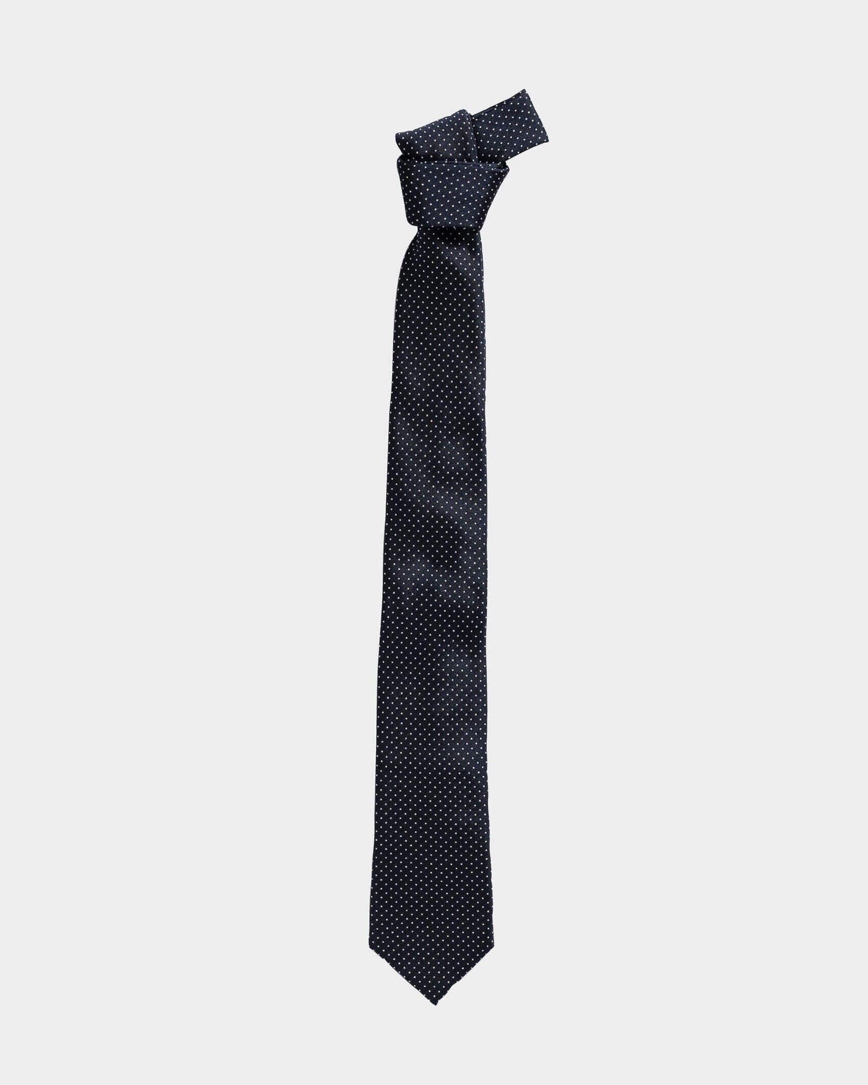 Full length view of the Navy Basso silk tie — modern width by Ledbury