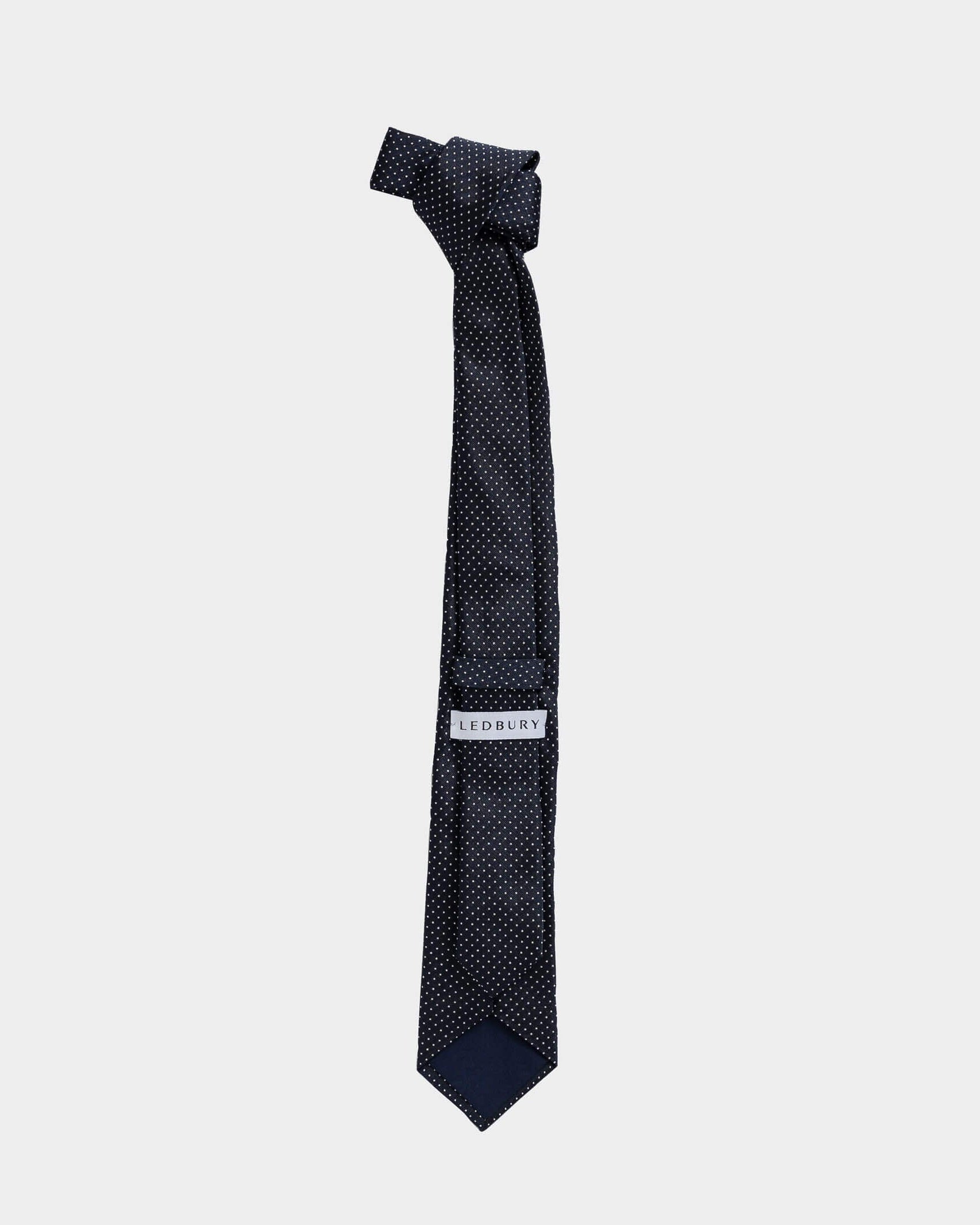 Full length back view of the Navy Basso silk tie — modern width by Ledbury
