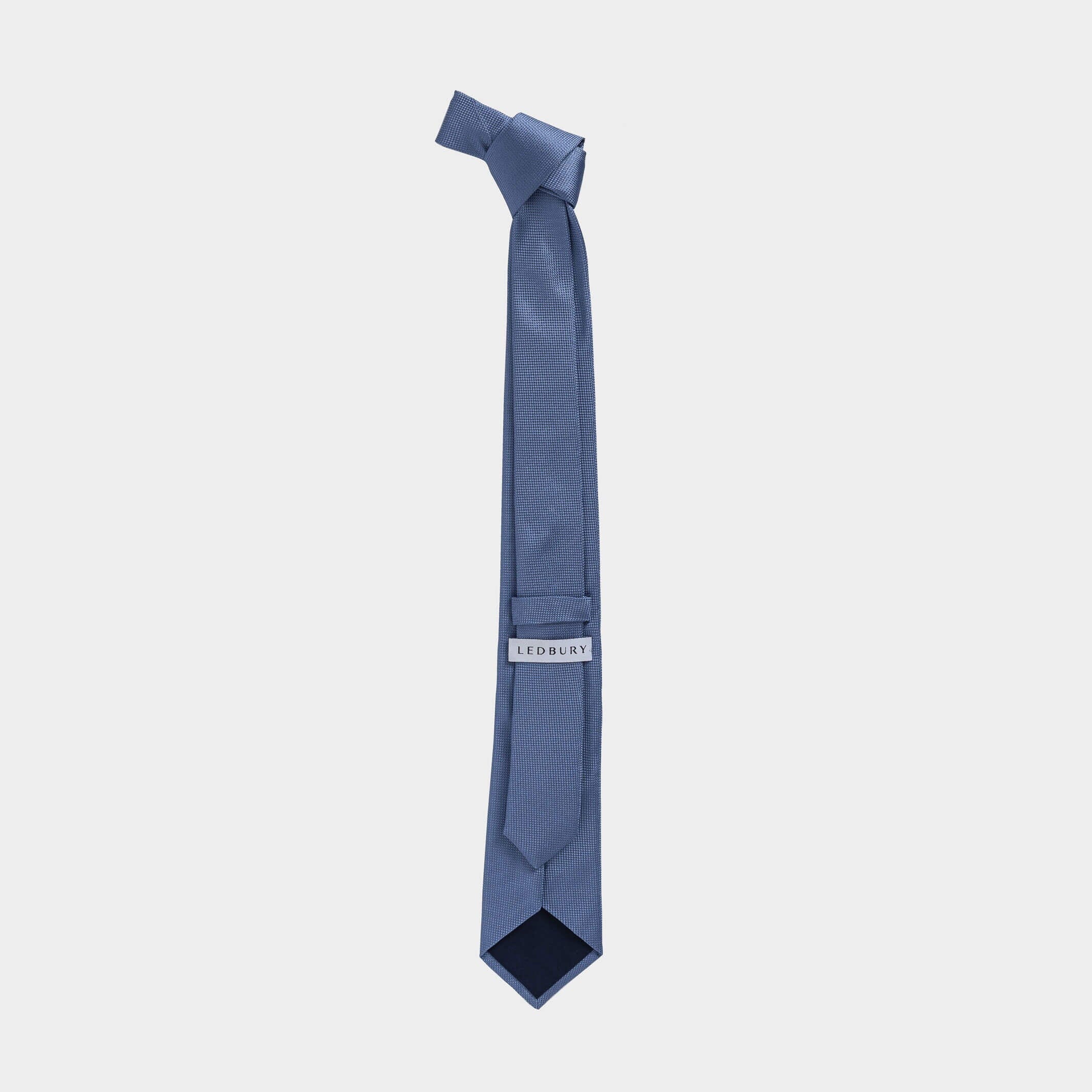 Full length back view of the Light Blue Barone silk tie — modern width by Ledbury