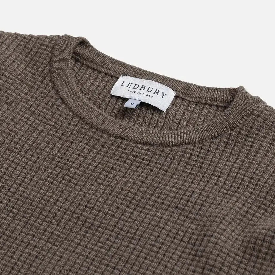 Brown Walden Thermal Crew Sweater – Waffle Knit Fabric Detail | Ledbury