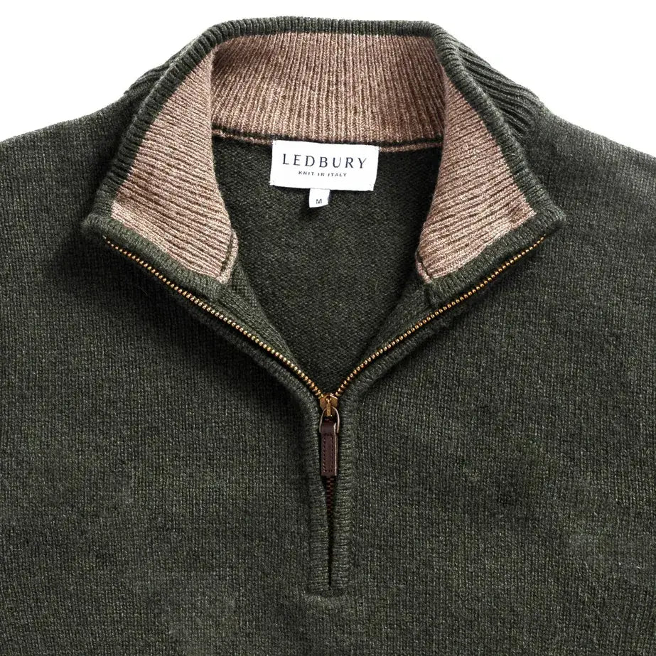 Vintage brass quarter-zip with leather pull detail on the Forest Ashton sweater by Ledbury