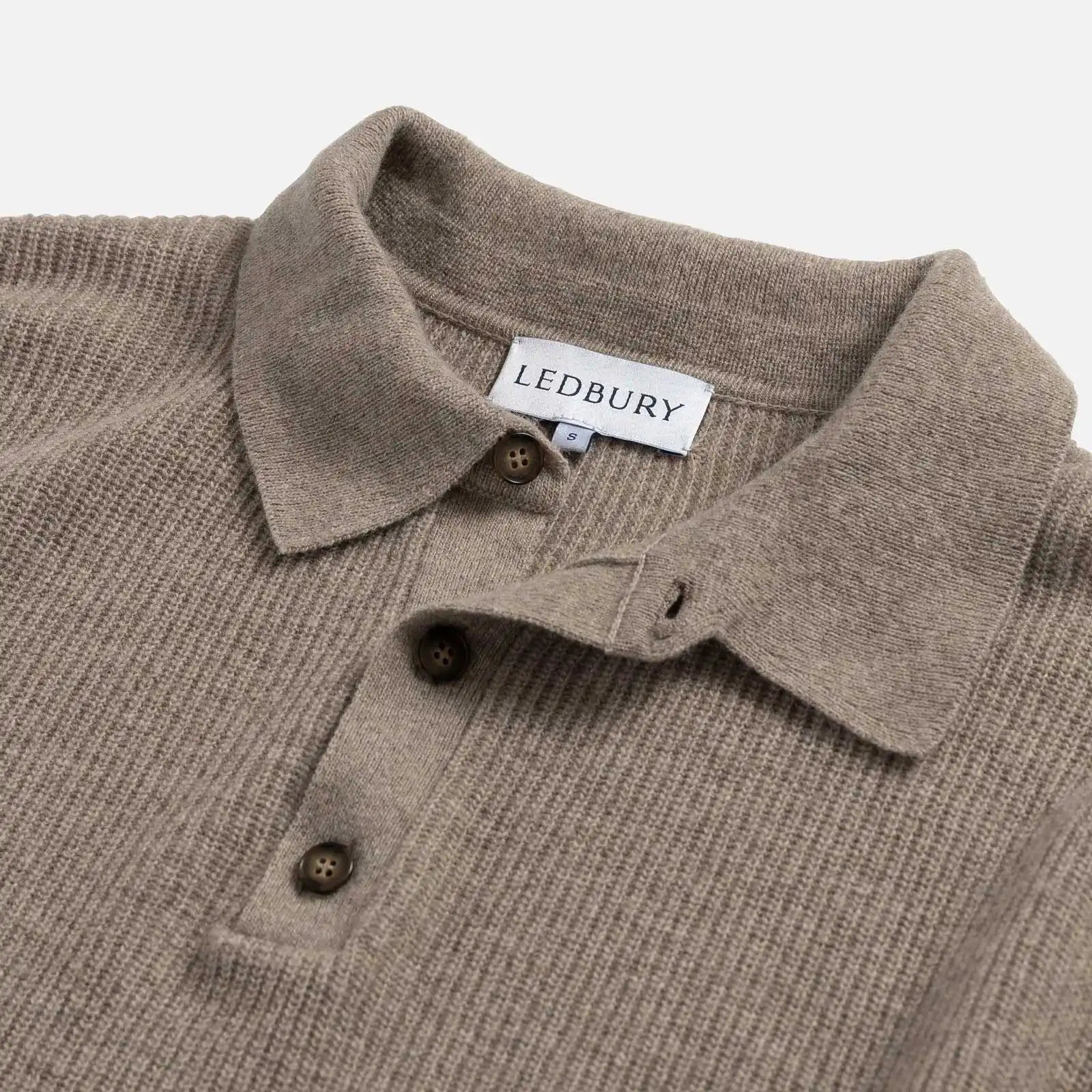 Open knit collar detail on the Soft Brown Atwood sweater by Ledbury