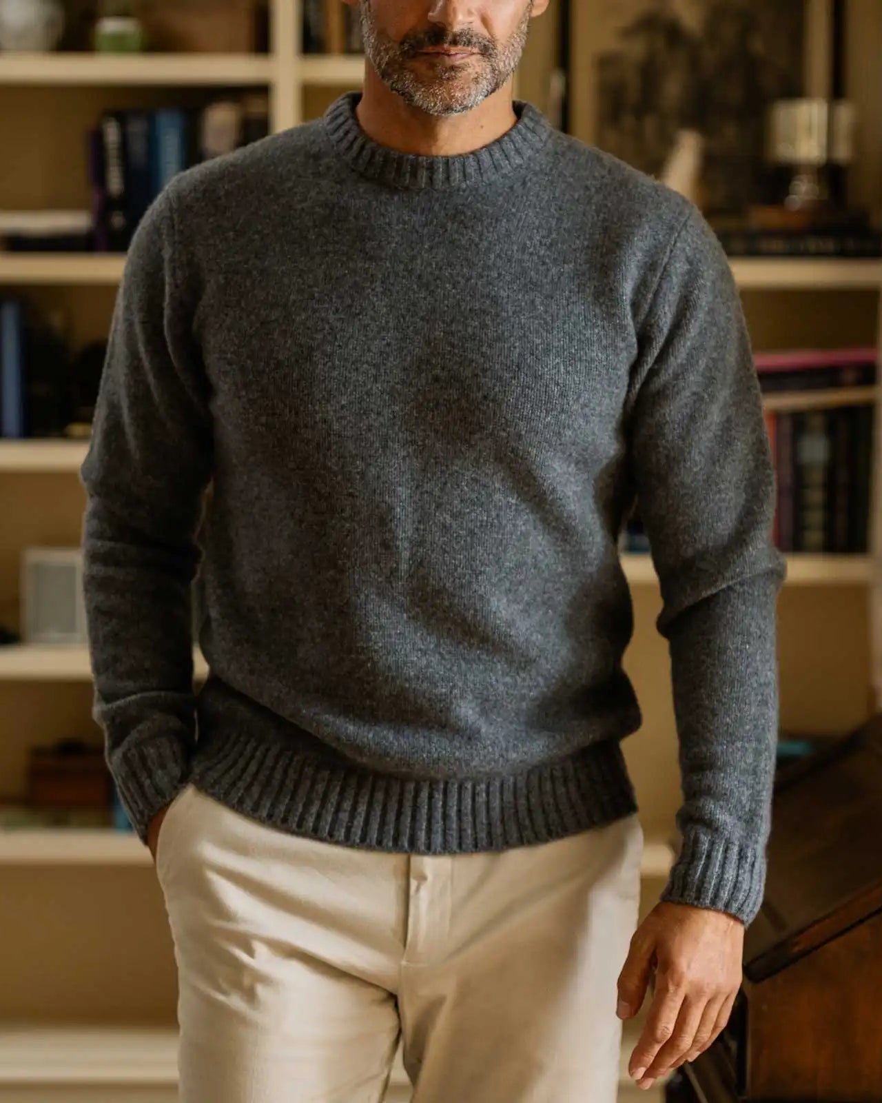 Men's Charcoal Boden Crew sweater styled with chinos — lifestyle shot