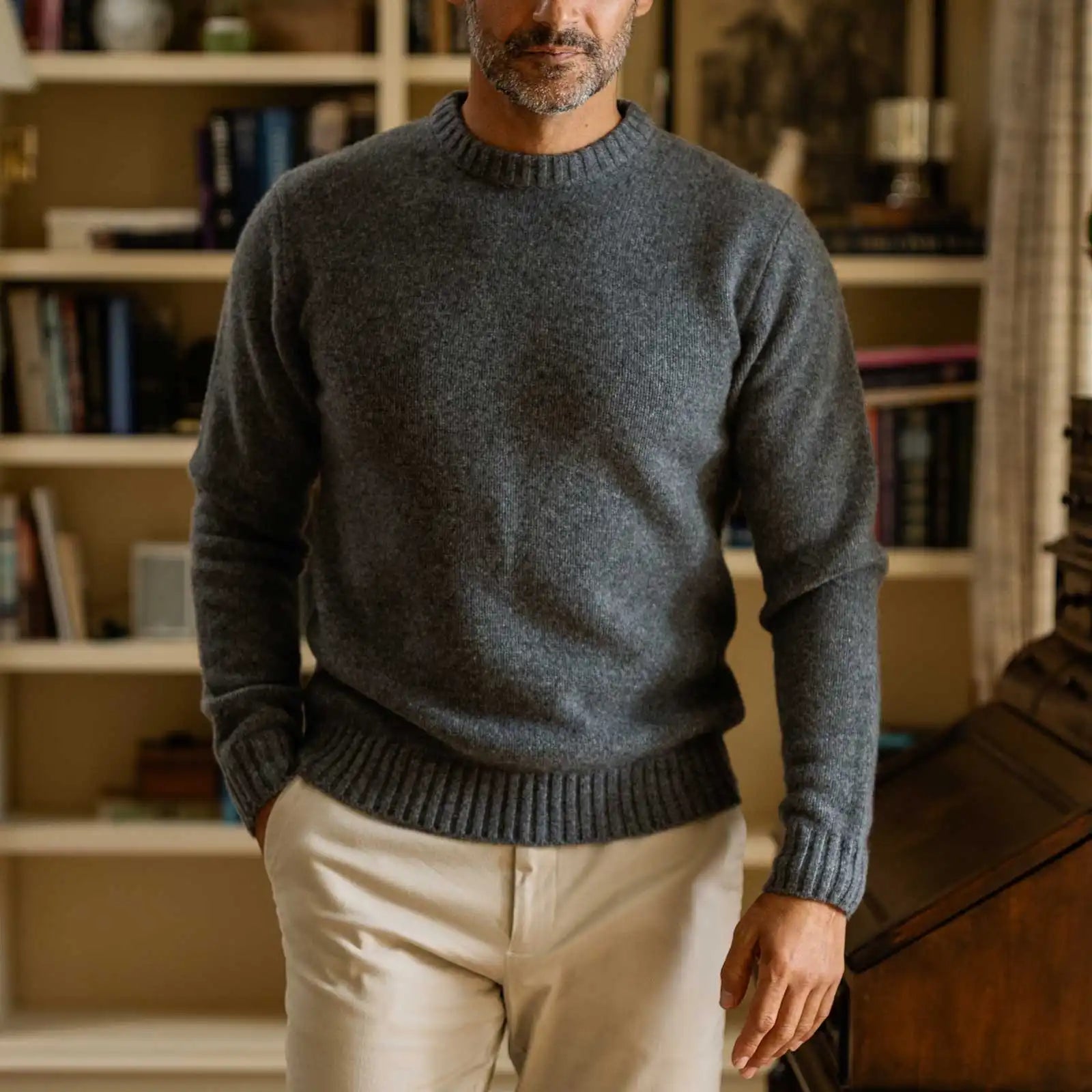 Men's Charcoal Boden Crew sweater styled with chinos — lifestyle shot