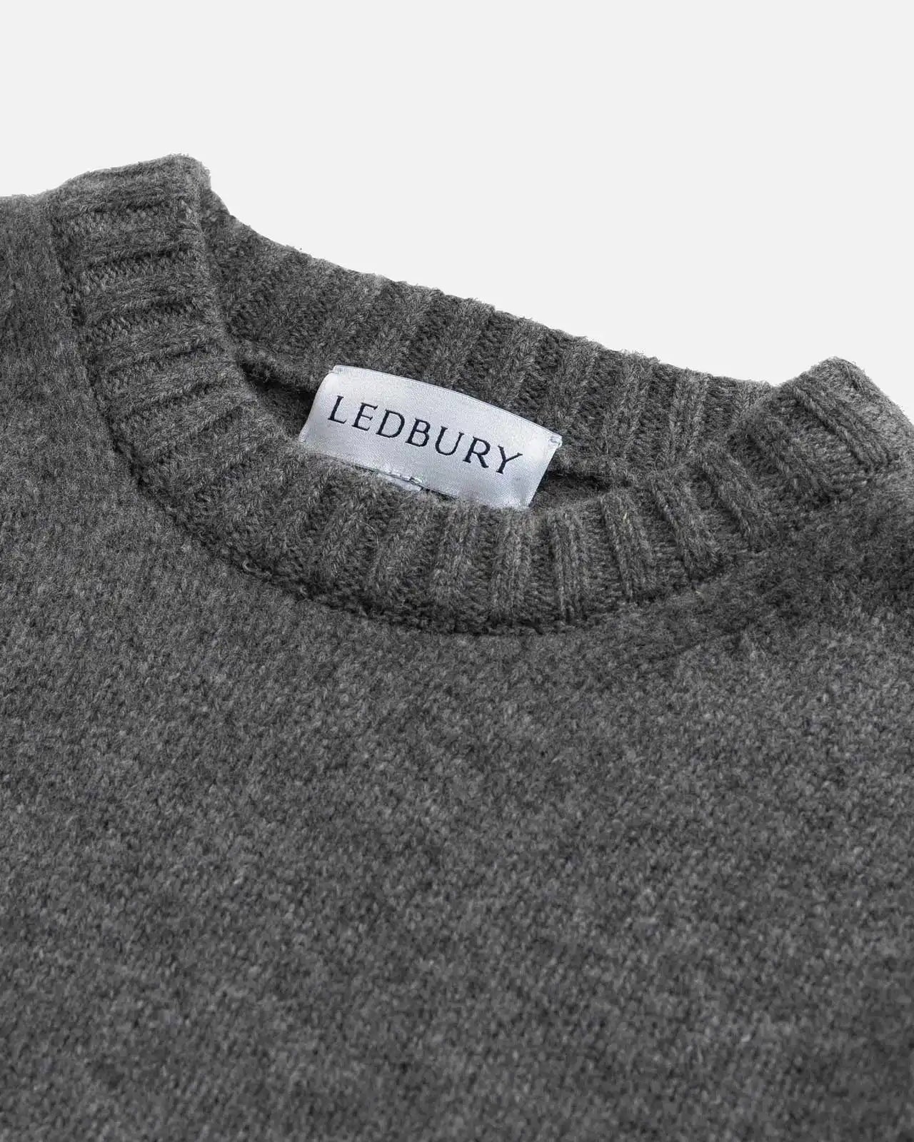 Close-up of 100% merino wool 5gg jersey knit on the Charcoal Boden Crew sweater