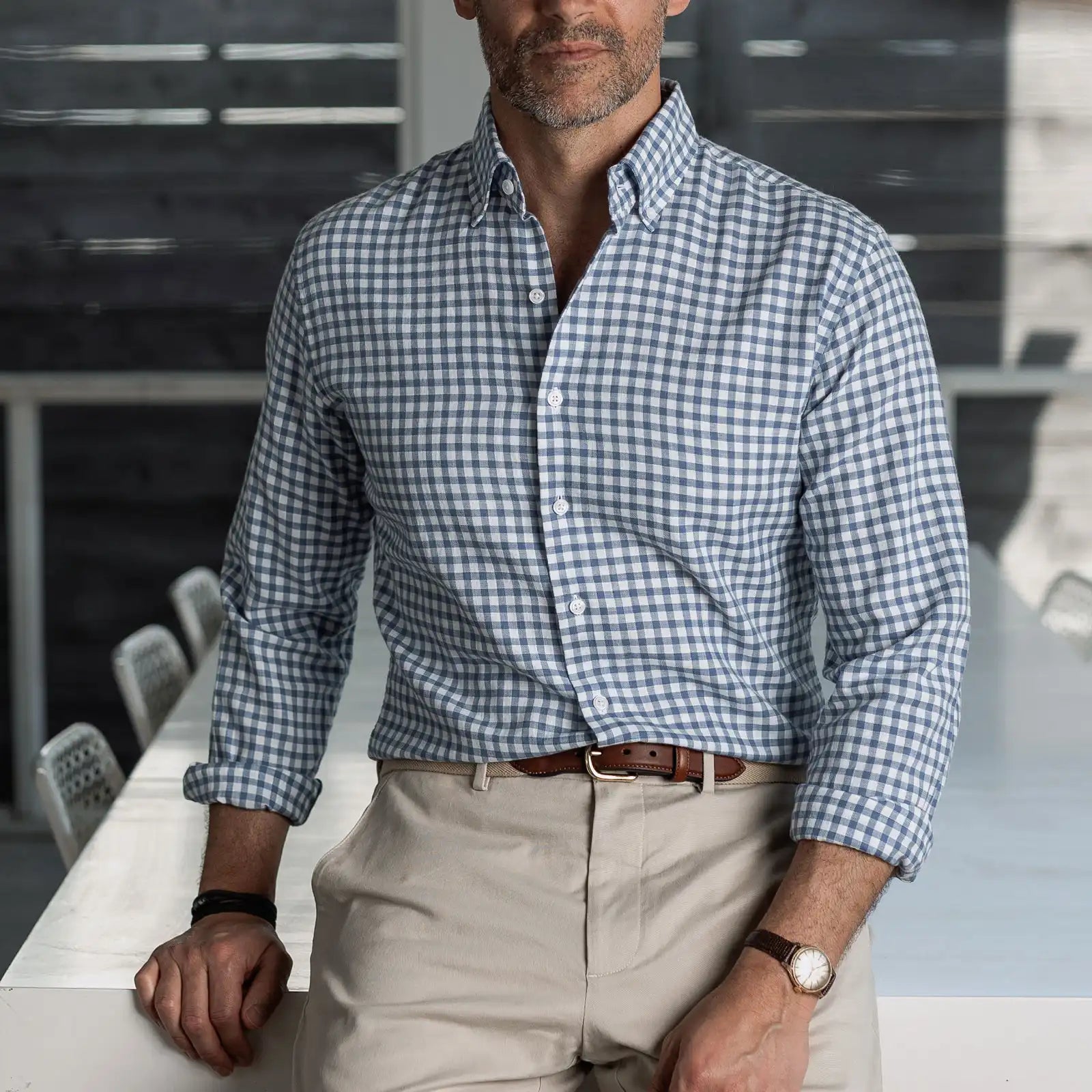 Light blue Farwell Gingham custom shirt worn with beige chinos — Ledbury