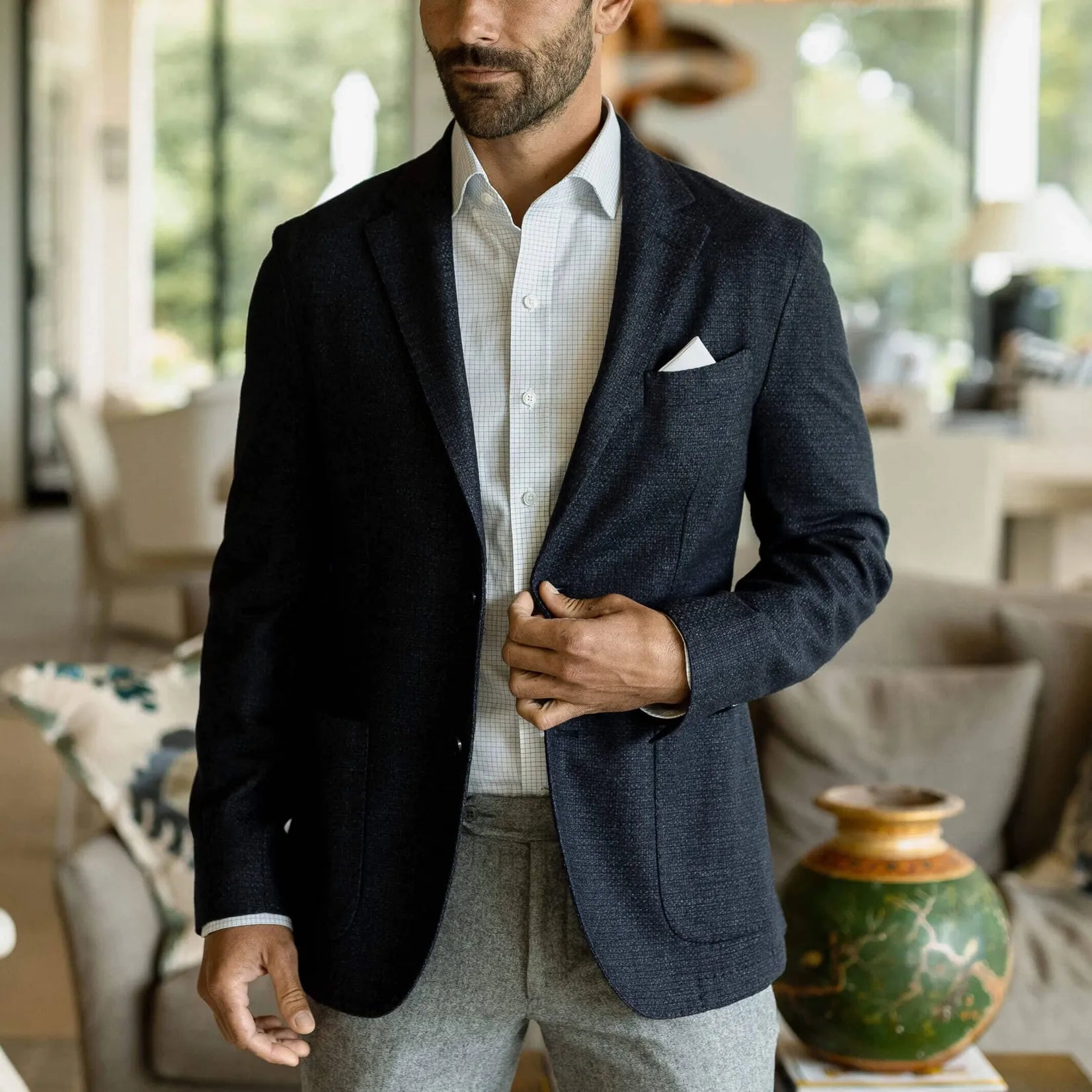 Model wearing navy check custom dress shirt - Ledbury Singer