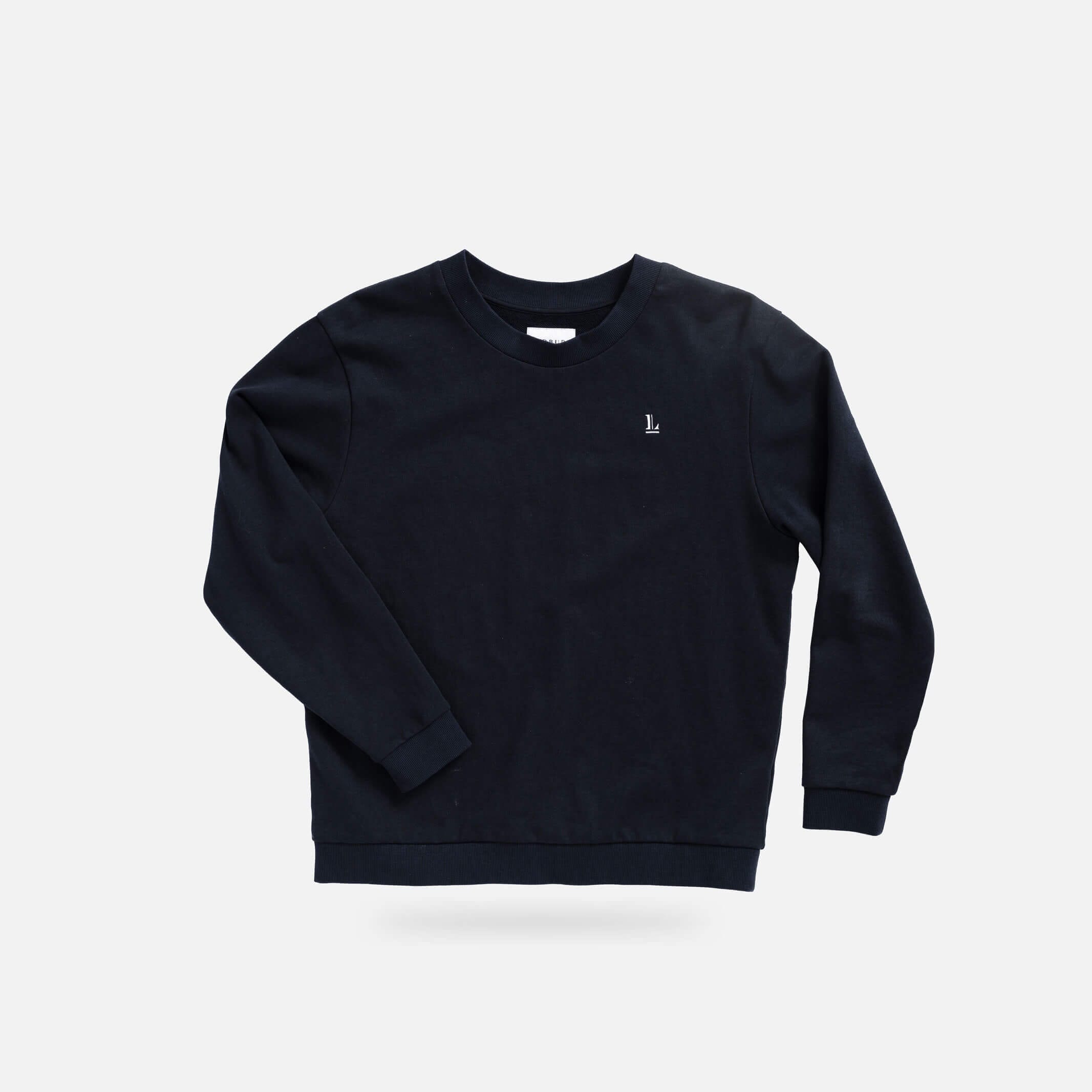 Ledbury Navy Crew Neck Sweatshirt – front view, 100% cotton terry cloth with embroidered L logo