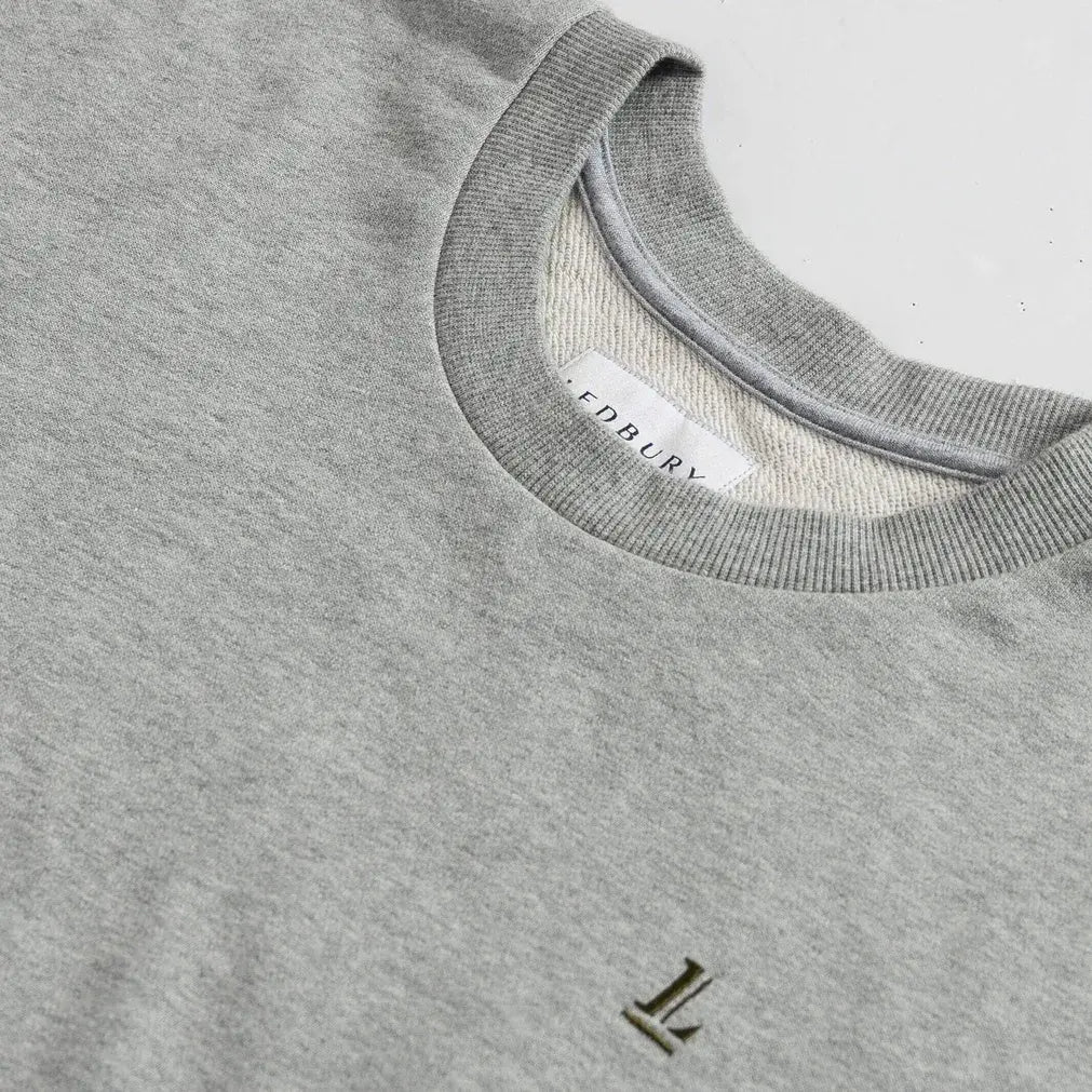 Ledbury Heather Grey Crew Neck Sweatshirt – close up view, relaxed fit cotton sweatshirt