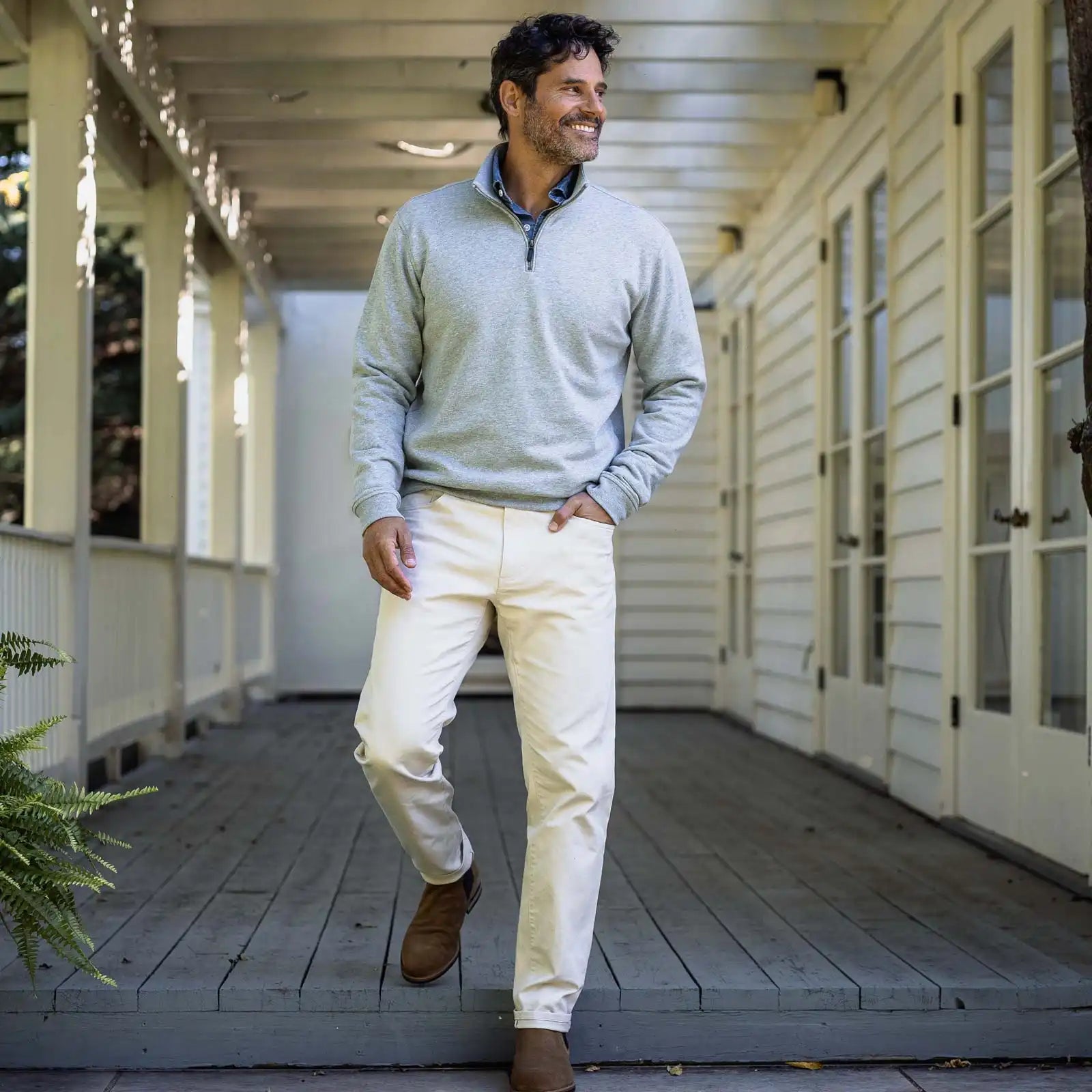 Ledbury Heather Grey Quarter Zip Sweatshirt on model – front pocket and quarter zip closure