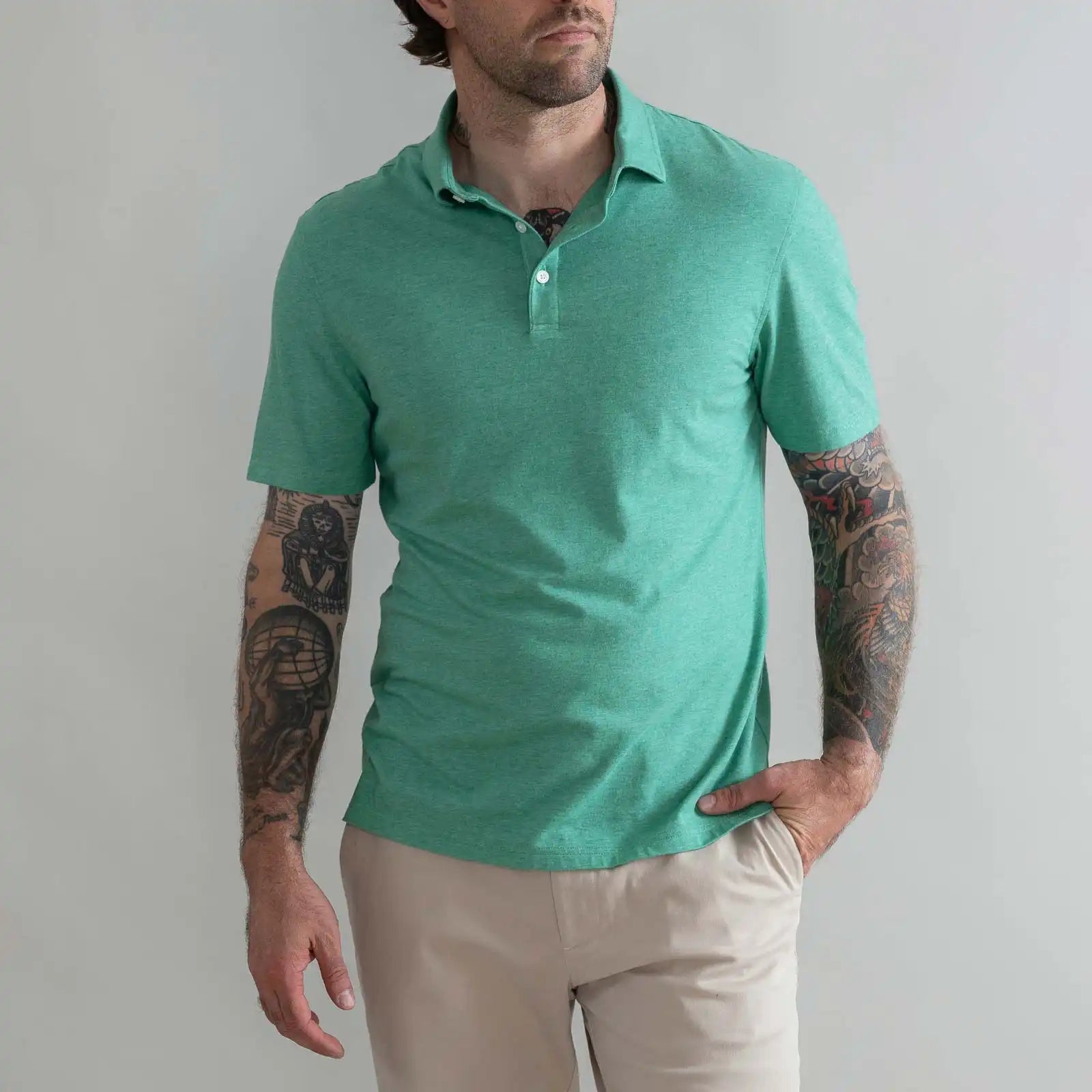 Model wearing the Ledbury Freeman Knit Custom Polo in Parakeet Green