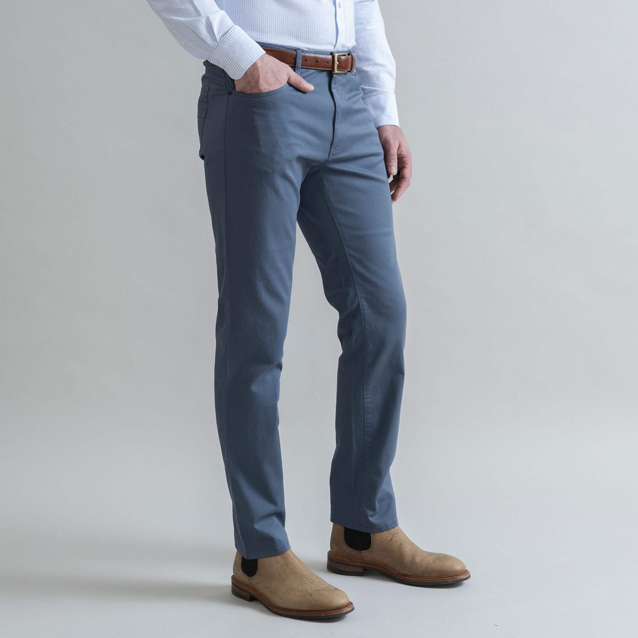 Ledbury Slate Blue Franklin 5 Pocket Custom Pant — side view showing clean lines and tailored silhouette