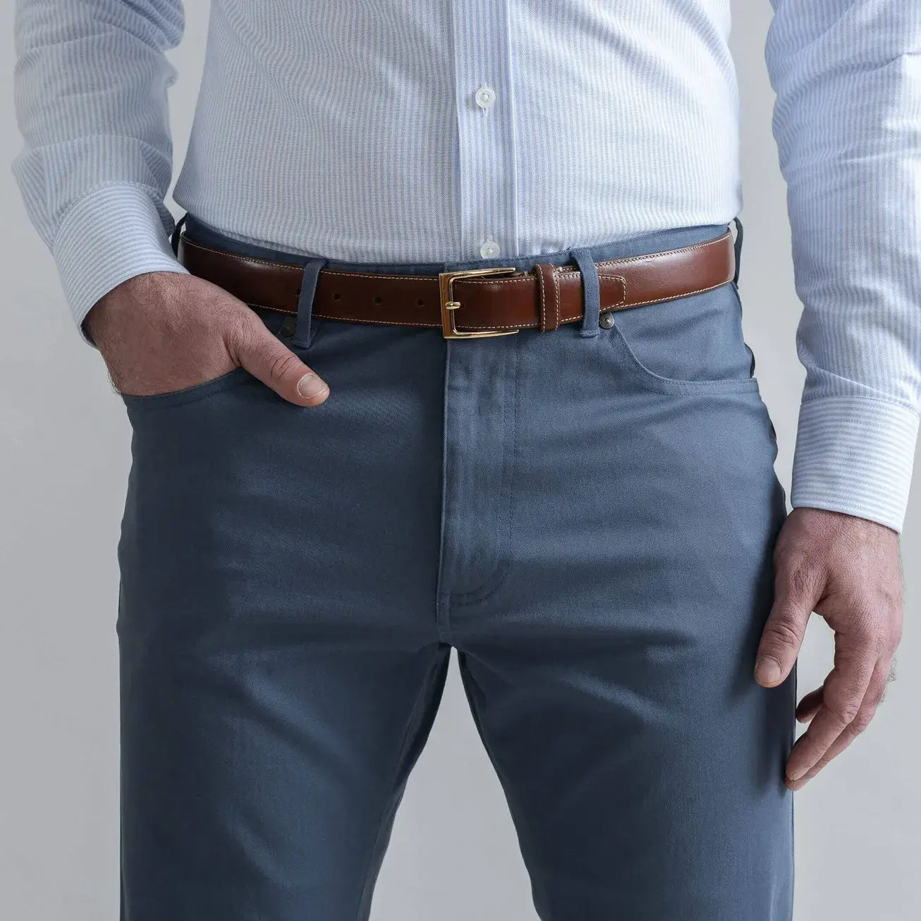 Ledbury Slate Blue Franklin 5 Pocket Custom Pant — detail view of fabric and five-pocket styling