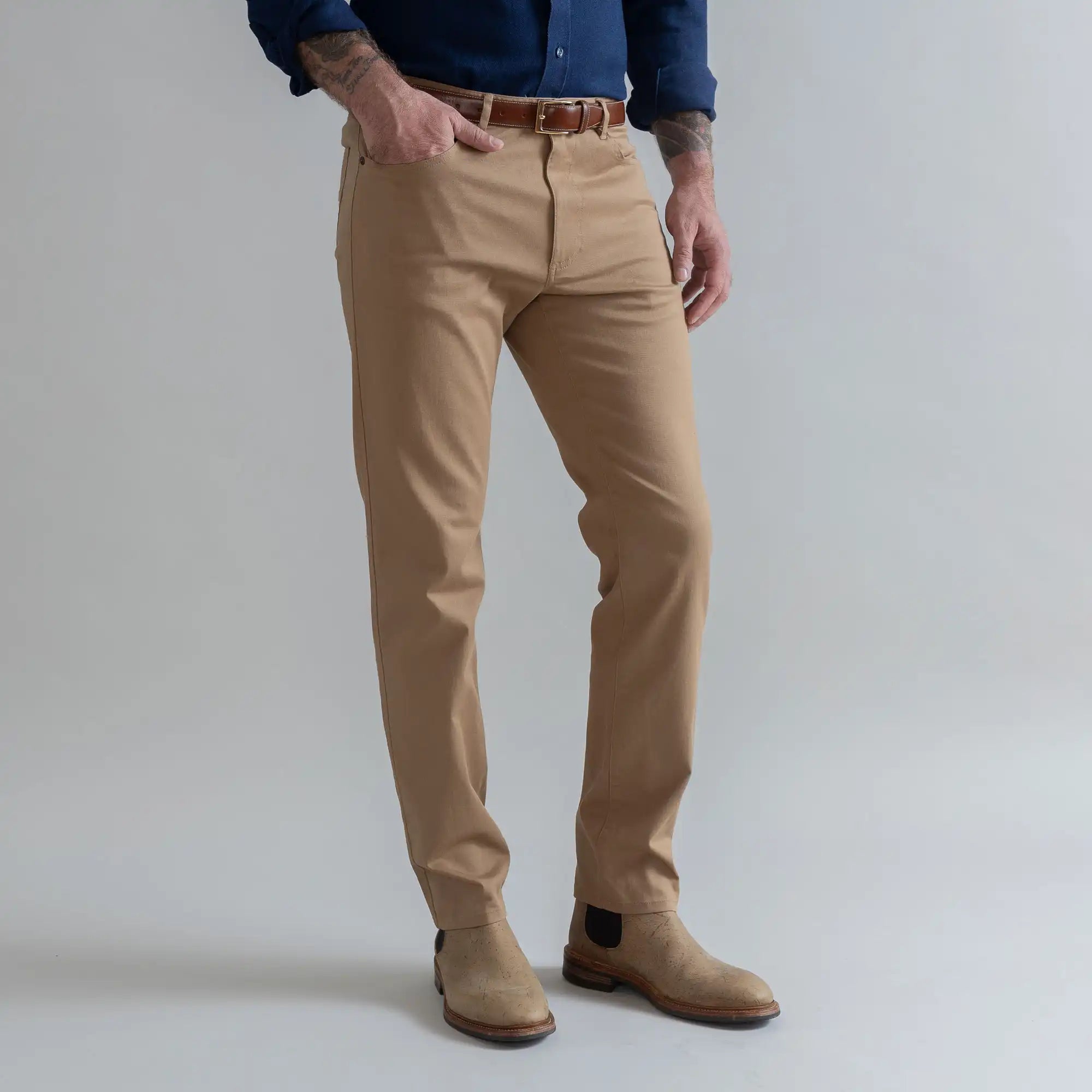 Ledbury Dark Khaki Franklin 5 Pocket Custom Pant — side view showing clean lines and tailored silhouette