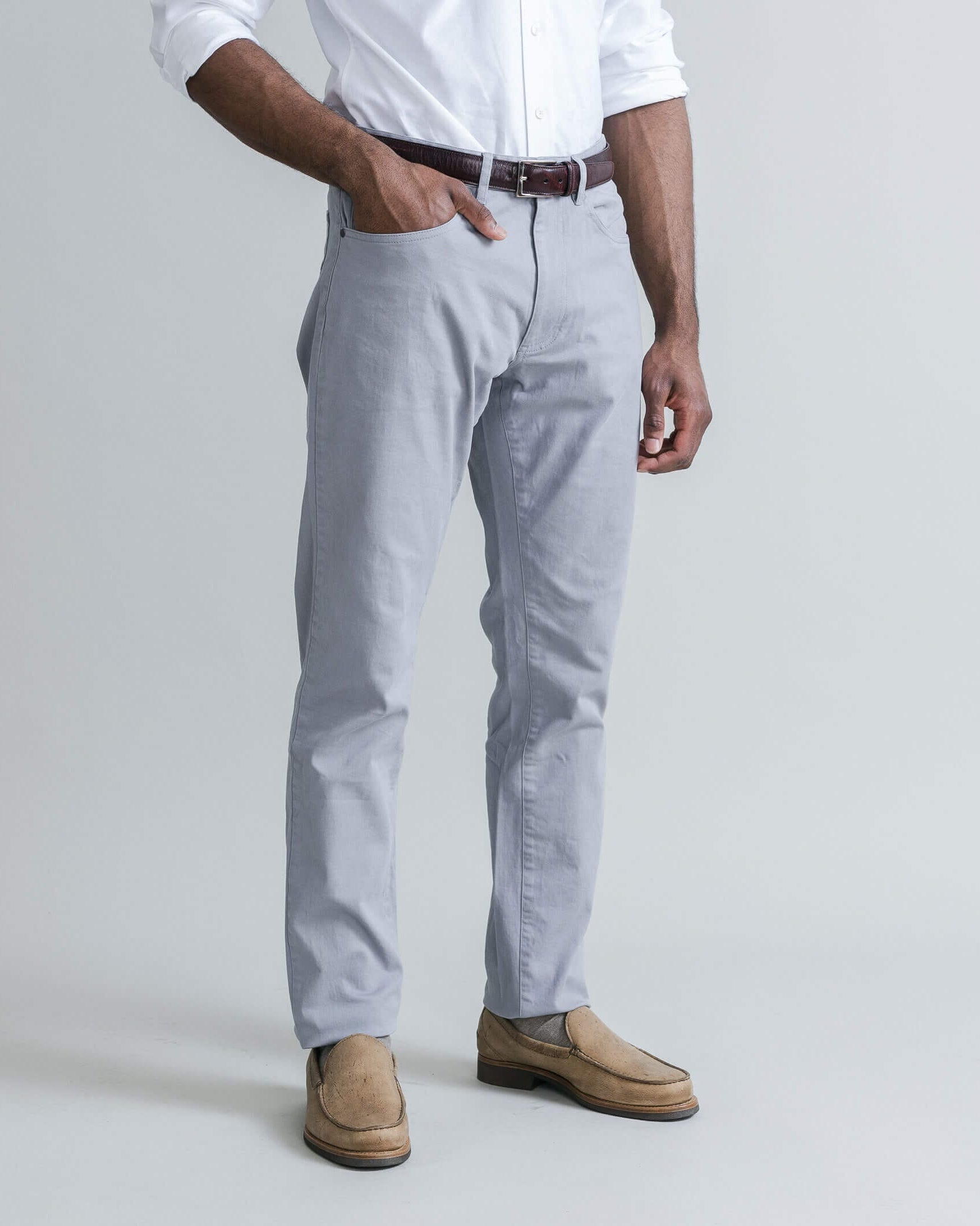Ledbury Slate Franklin 5 Pocket Custom Pant — side view showing clean lines and tailored silhouette
