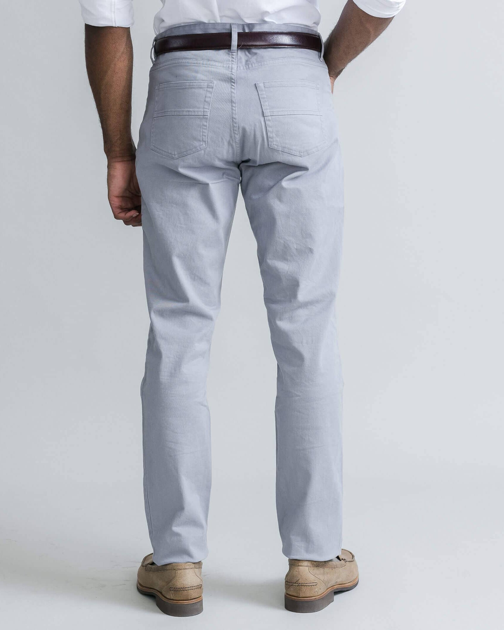 Ledbury Slate Franklin 5 Pocket Custom Pant — detail view of fabric and five-pocket styling