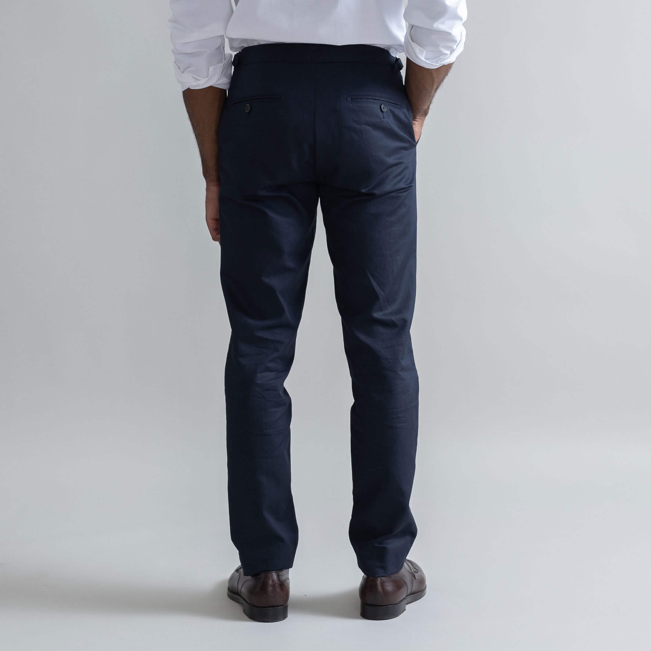 Ledbury Navy All Season Richmond Dress Chino with Side Tabs Custom Pant — back view