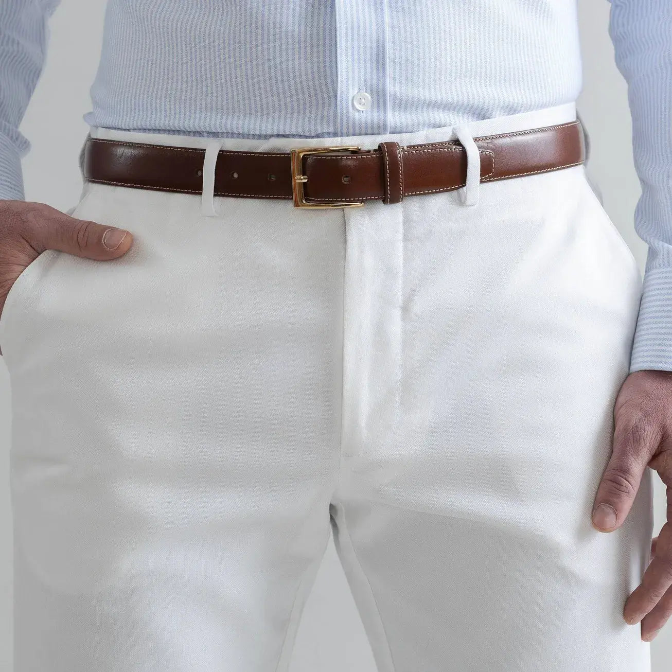 Ledbury Stone All Season Richmond Dress Chino Custom Pant — front view showing extended front button closure detail