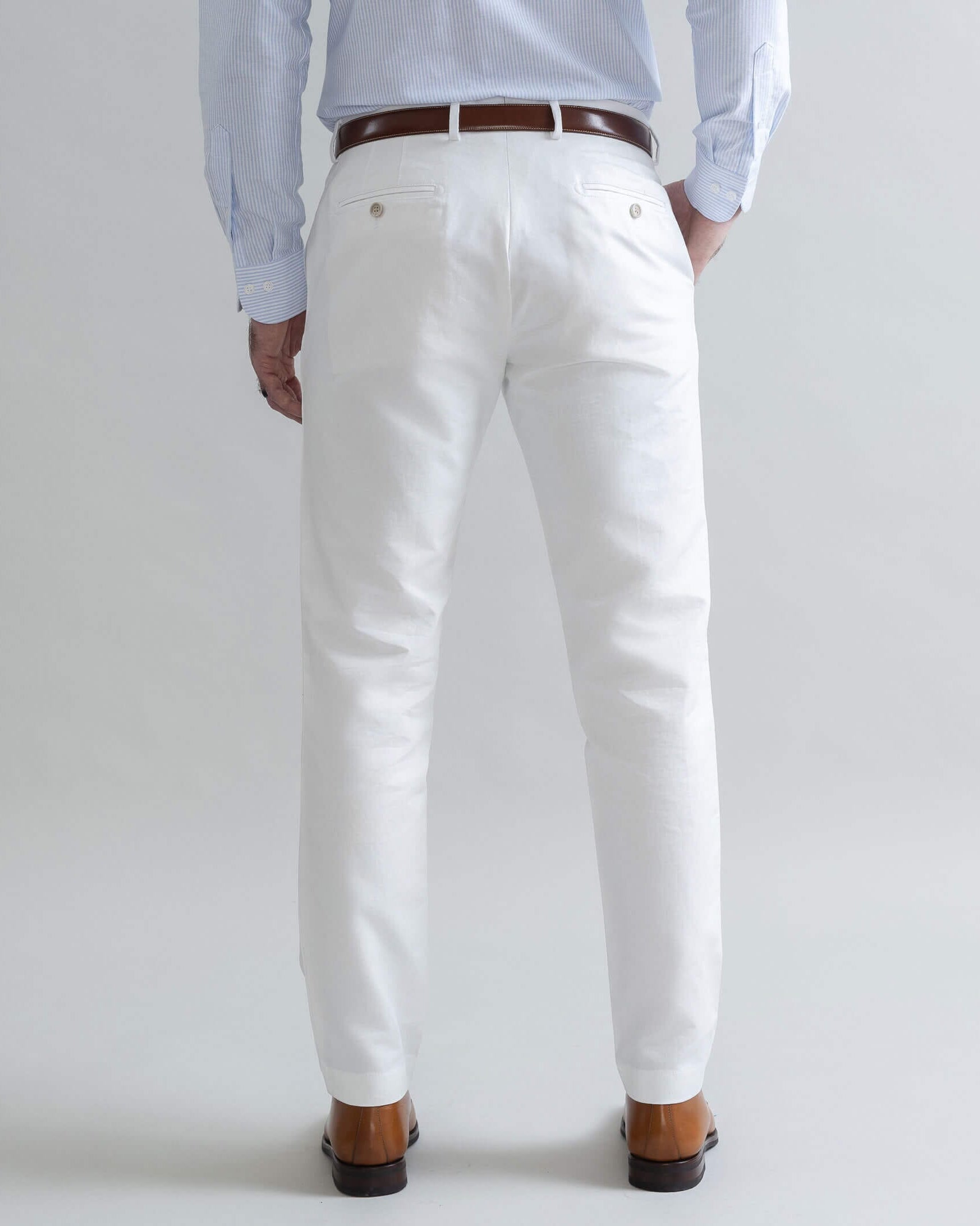 Ledbury Stone All Season Richmond Dress Chino Custom Pant — back view, cotton-linen basket weave fabric with light striations