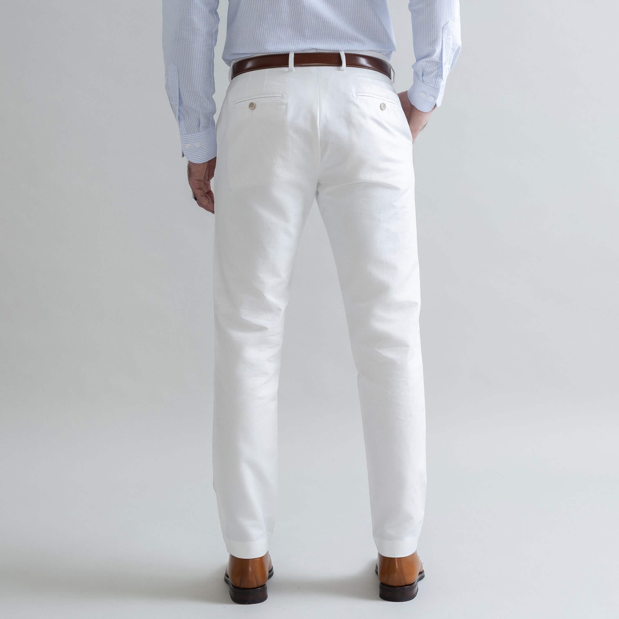 Ledbury Stone All Season Richmond Dress Chino Custom Pant — back view, cotton-linen basket weave fabric with light striations