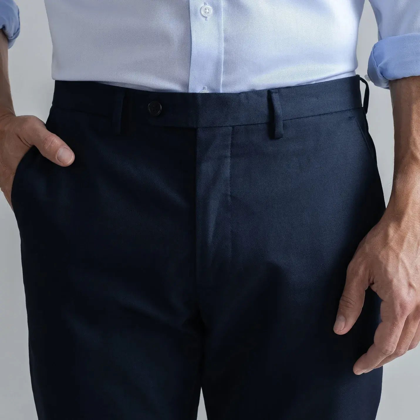 Ledbury Navy All Season Richmond Dress Chino Custom Pant — detail view showing extended front button closure detail