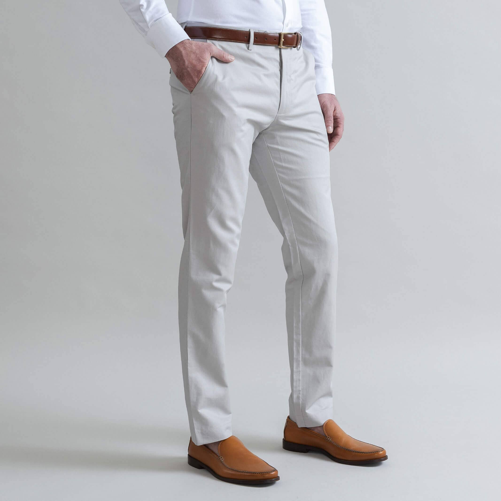 Ledbury Light Grey All Season Richmond Dress Chino Custom Pant — side view showing Richmond fit and tailored silhouette