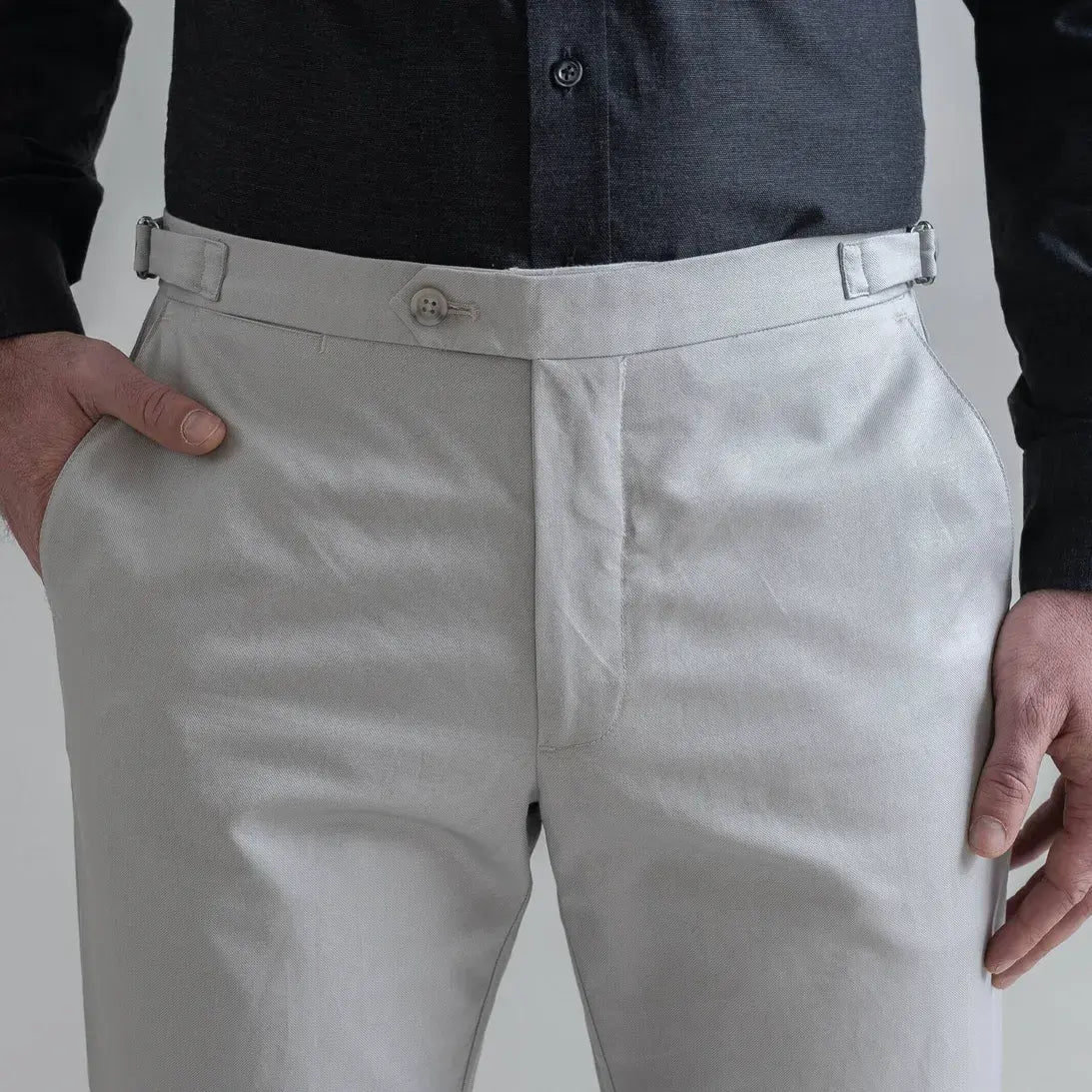 Ledbury Light Grey All Season Richmond Dress Chino with Side Tabs Custom Pant — front detail view showing extended front button closure detail