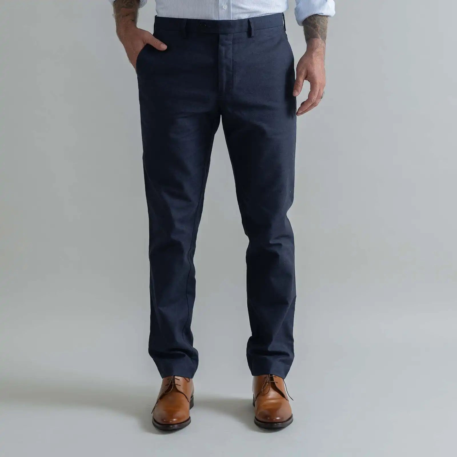 Ledbury Dark Navy Brushed Cotton Richmond Dress Chino Custom Pant — full front view, made to order in your choice of waist size and inseam