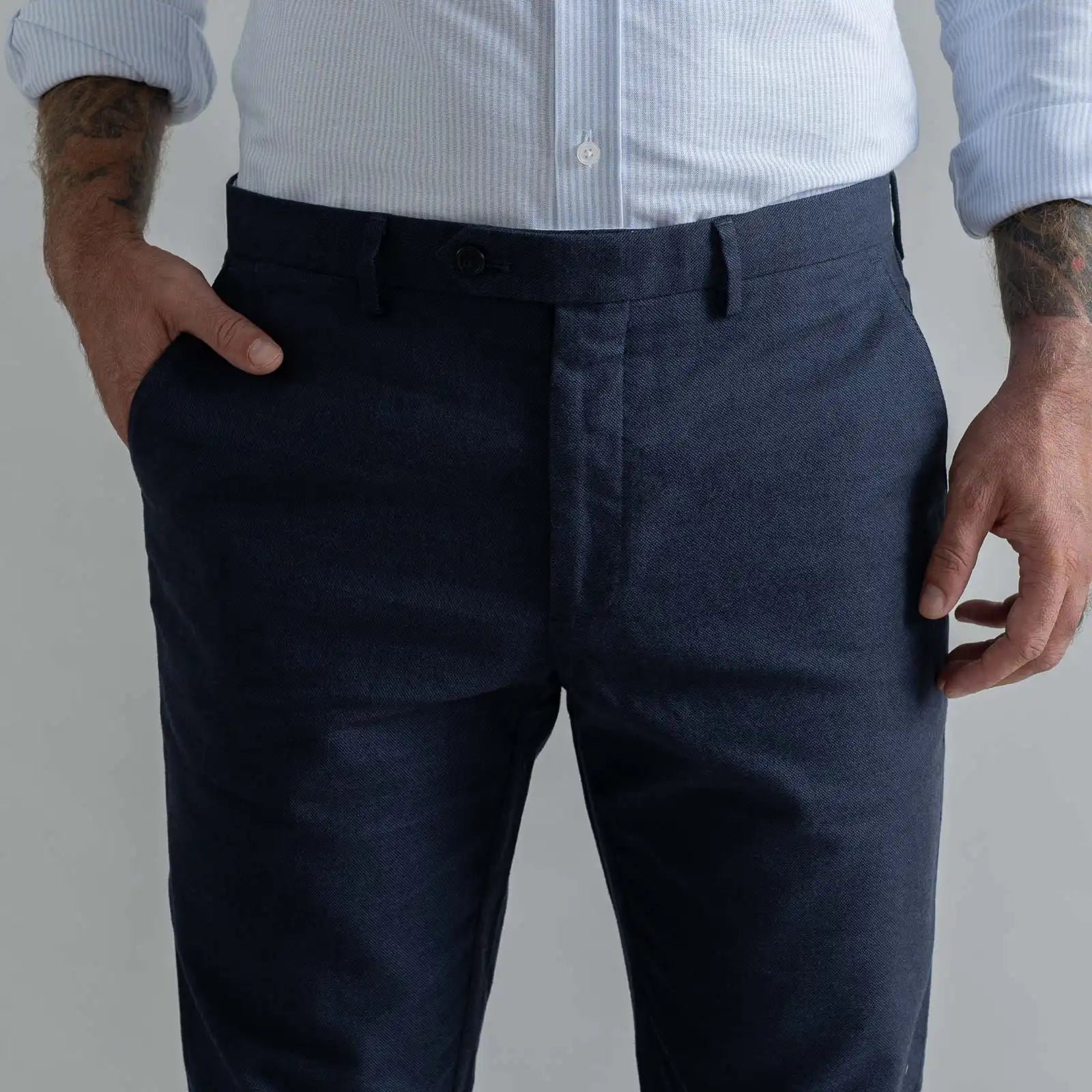 Ledbury Dark Navy Brushed Cotton Richmond Dress Chino Custom Pant — close-up of pocket and extended front button closure