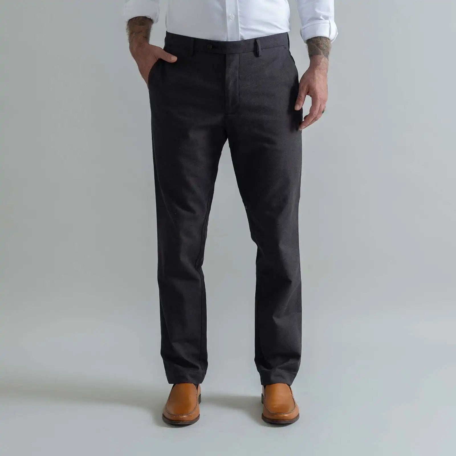 Ledbury Dark Brown Brushed Cotton Richmond Dress Chino Custom Pant — full front view, made to order in your choice of waist size and inseam