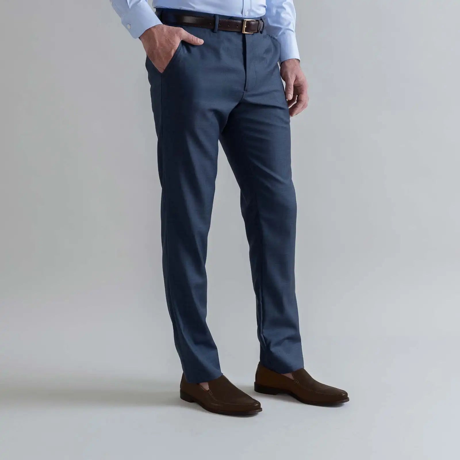 Ledbury Slate Blue Richmond Custom Dress Pant — side view showing Richmond fit and tailored silhouette