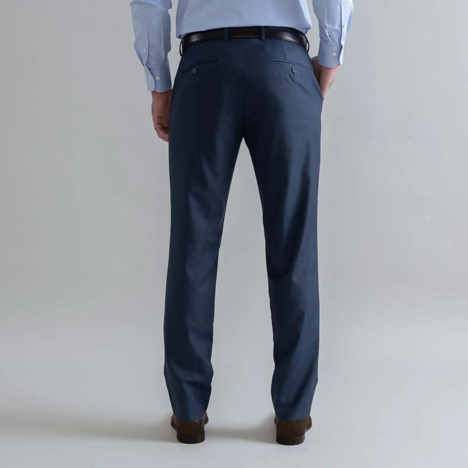 Ledbury Slate Blue Richmond Custom Dress Pant — back view showing clean seat and blind hem detail