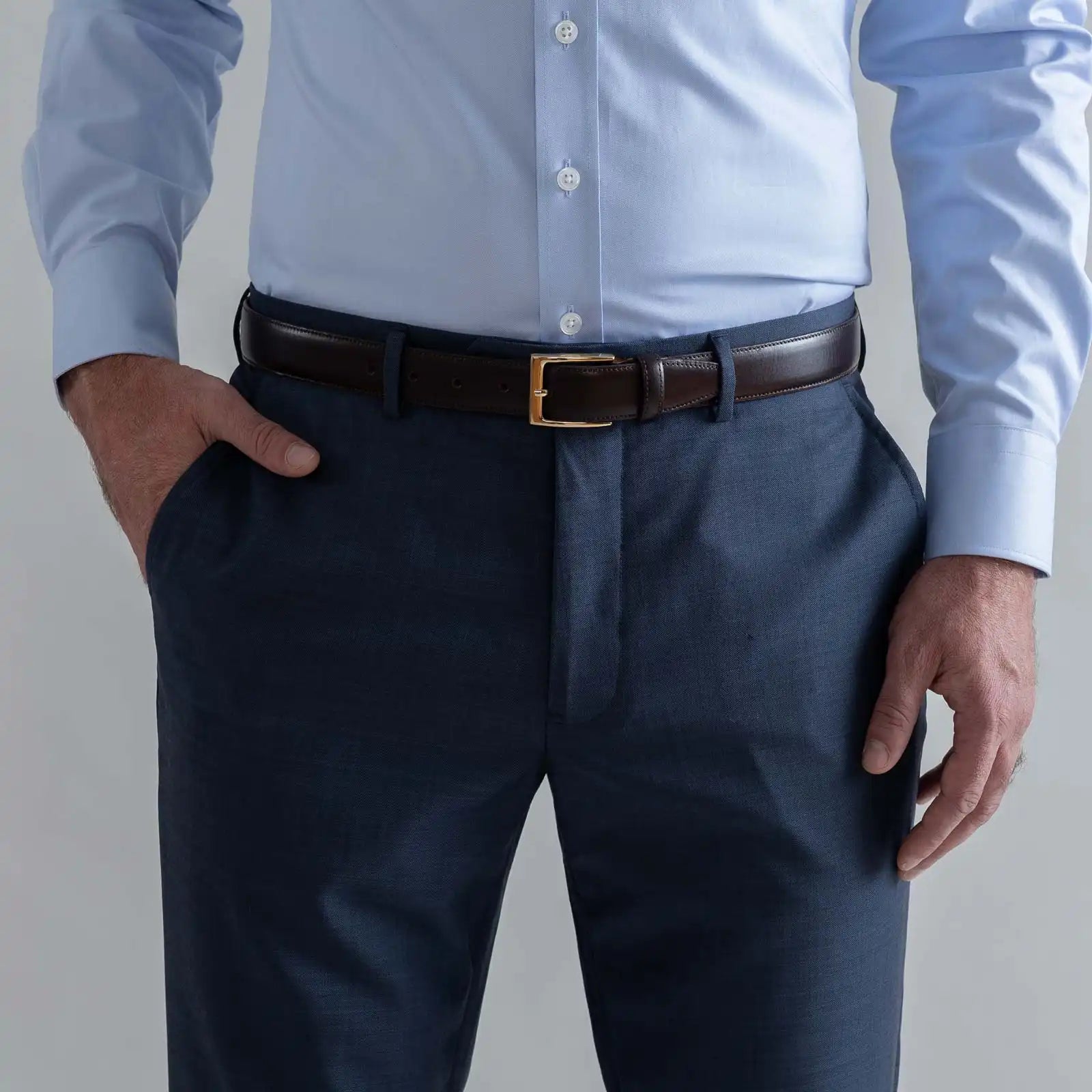 Ledbury Slate Blue Richmond Custom Dress Pant — waist close up, 100% wool dress pant twill fabric