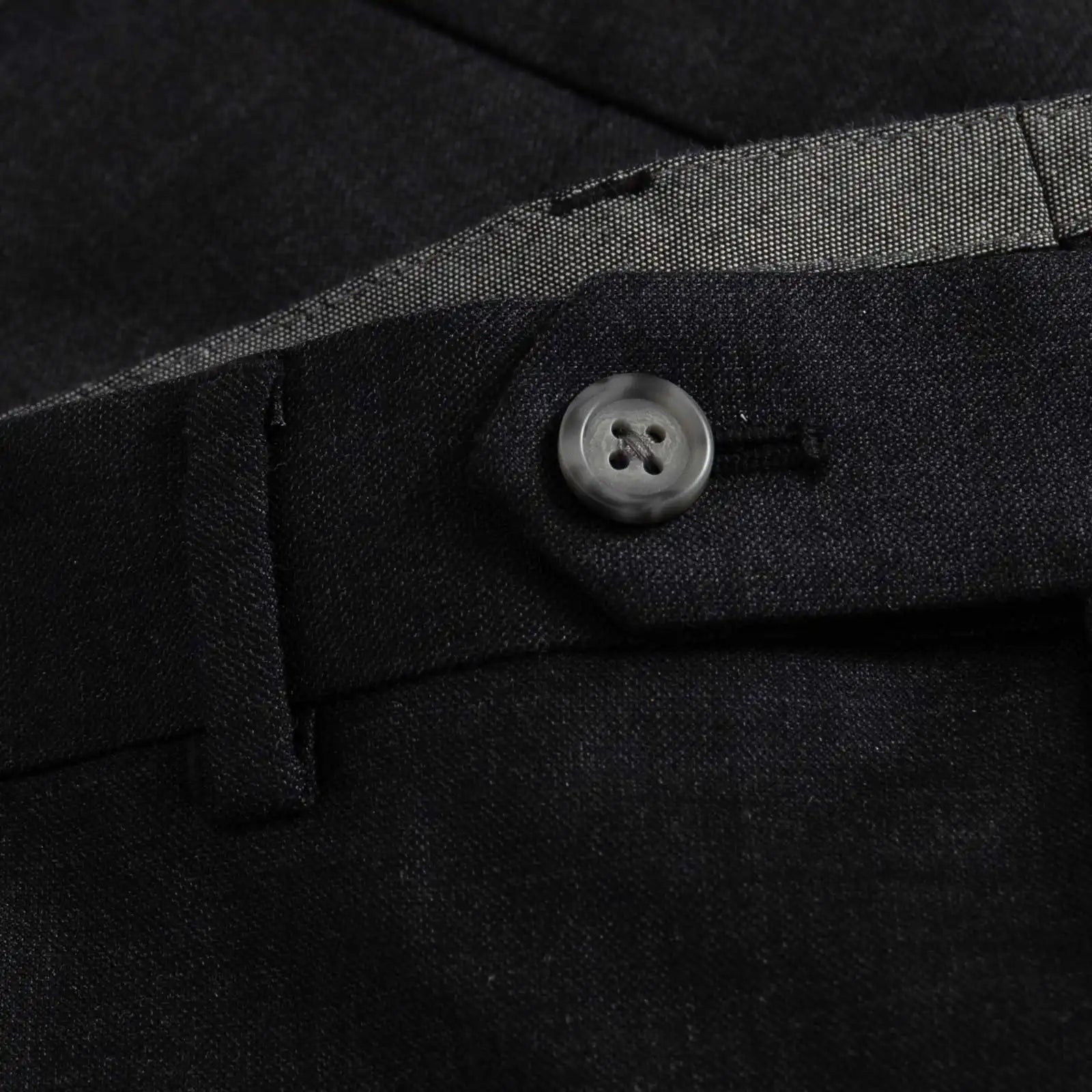 Ledbury Charcoal Richmond Custom Dress Pant — extended front button closure detail