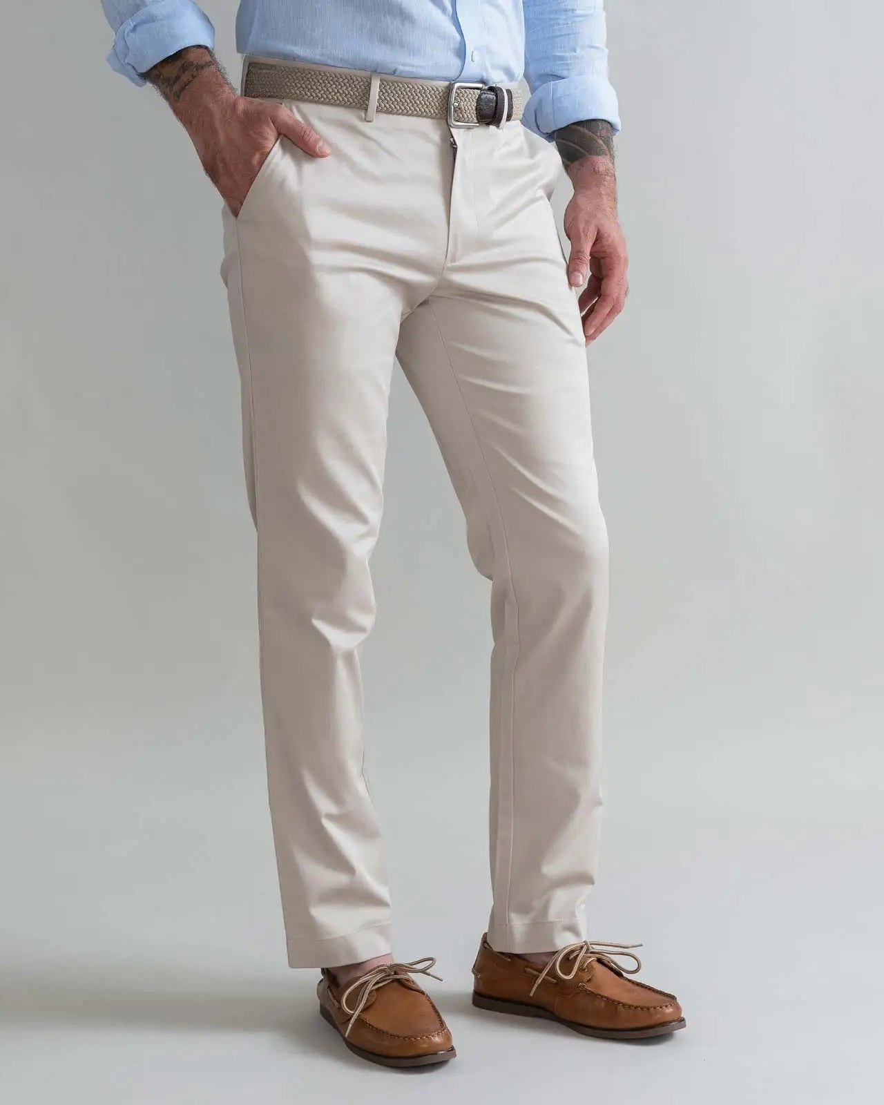 Tan Richmond Summer Chino custom pant - side view on model