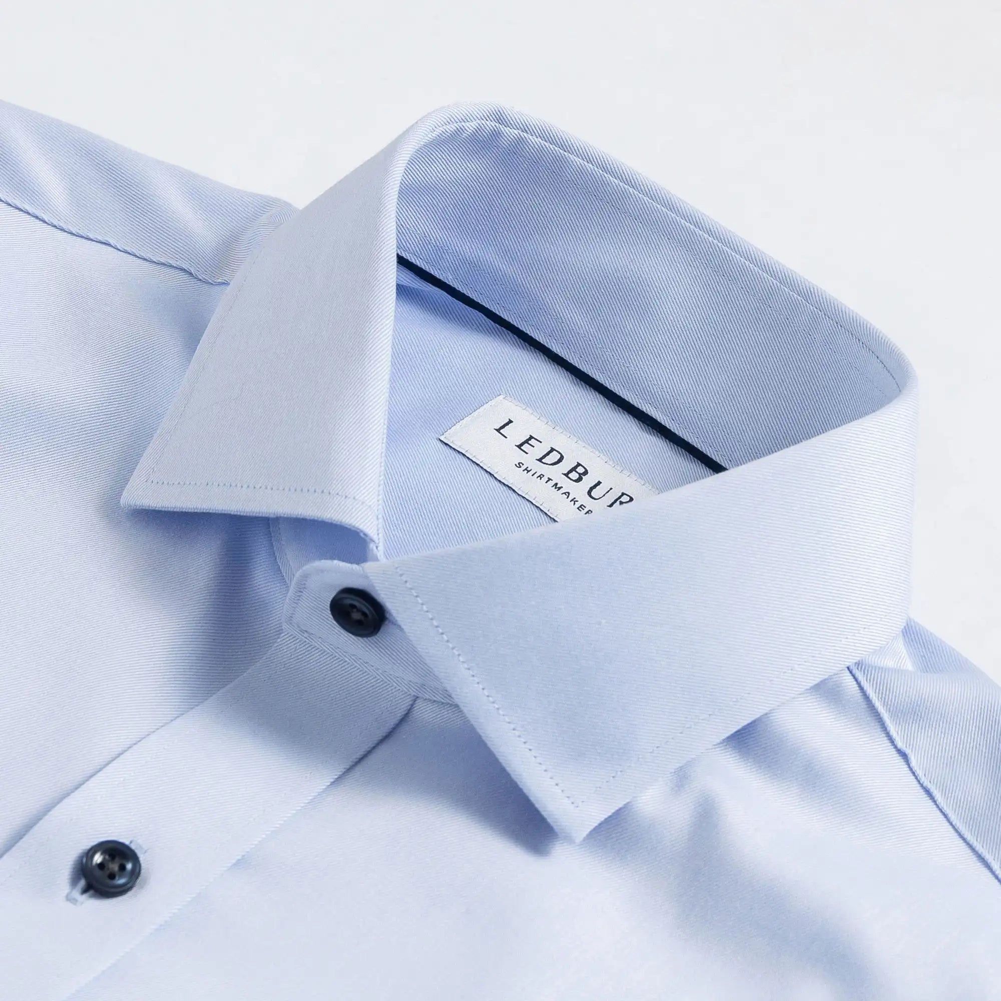 Light blue shirt collar with navy buttons and piping - non-iron dress shirt