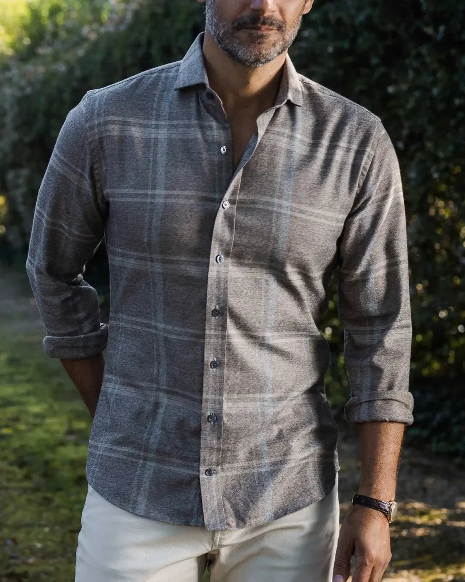 Man wearing soft brown flannel shirt - Hartmann custom fit casual shirt