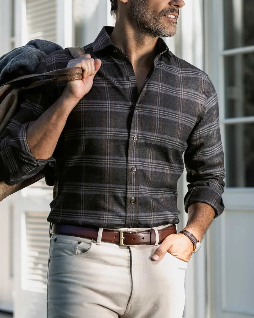 Man wearing hickory flannel shirt - Hartmann custom fit casual shirt