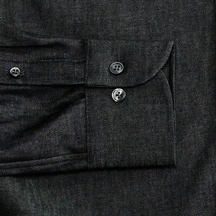 Washed black Slater denim shirt sleeve and cuff detail - smoke buttons