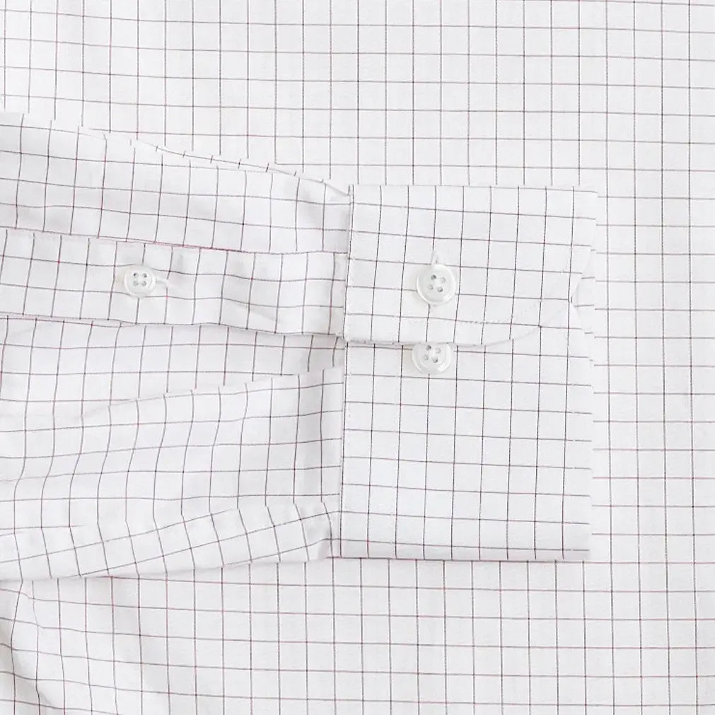Burgundy windowpane dress shirt with fine twill fabric sleeve and cuff