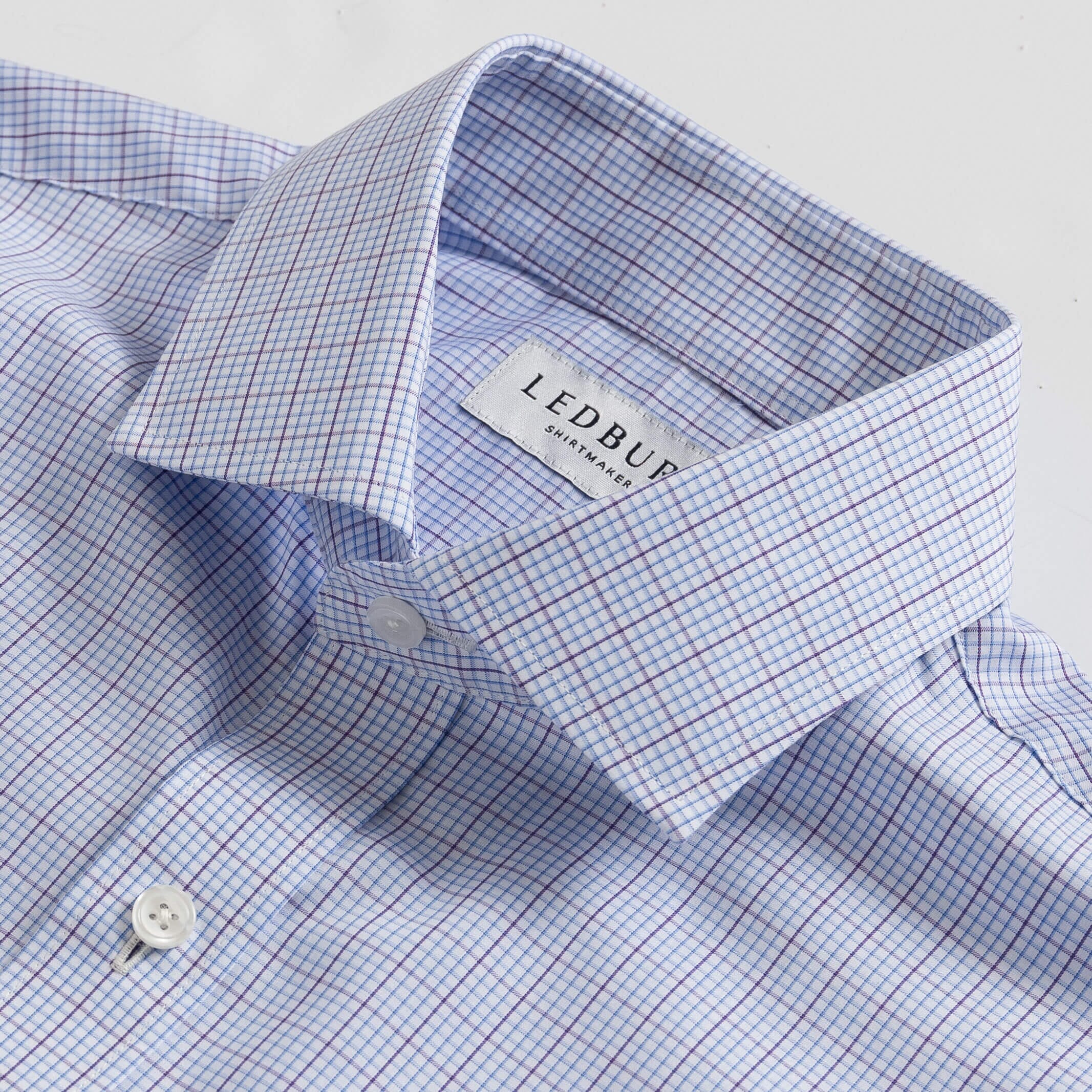 Plum dress shirt collar with windowpane pattern - Kent micro-twill detail