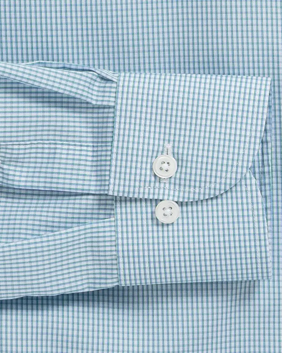 Micro check shirt sleeve and cuff detail - green Kent micro-twill