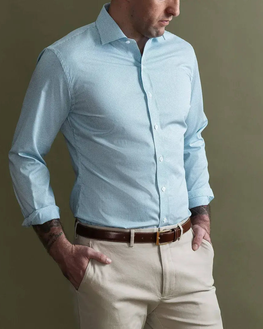 Man wearing green micro check dress shirt - Kent micro-twill business shirt