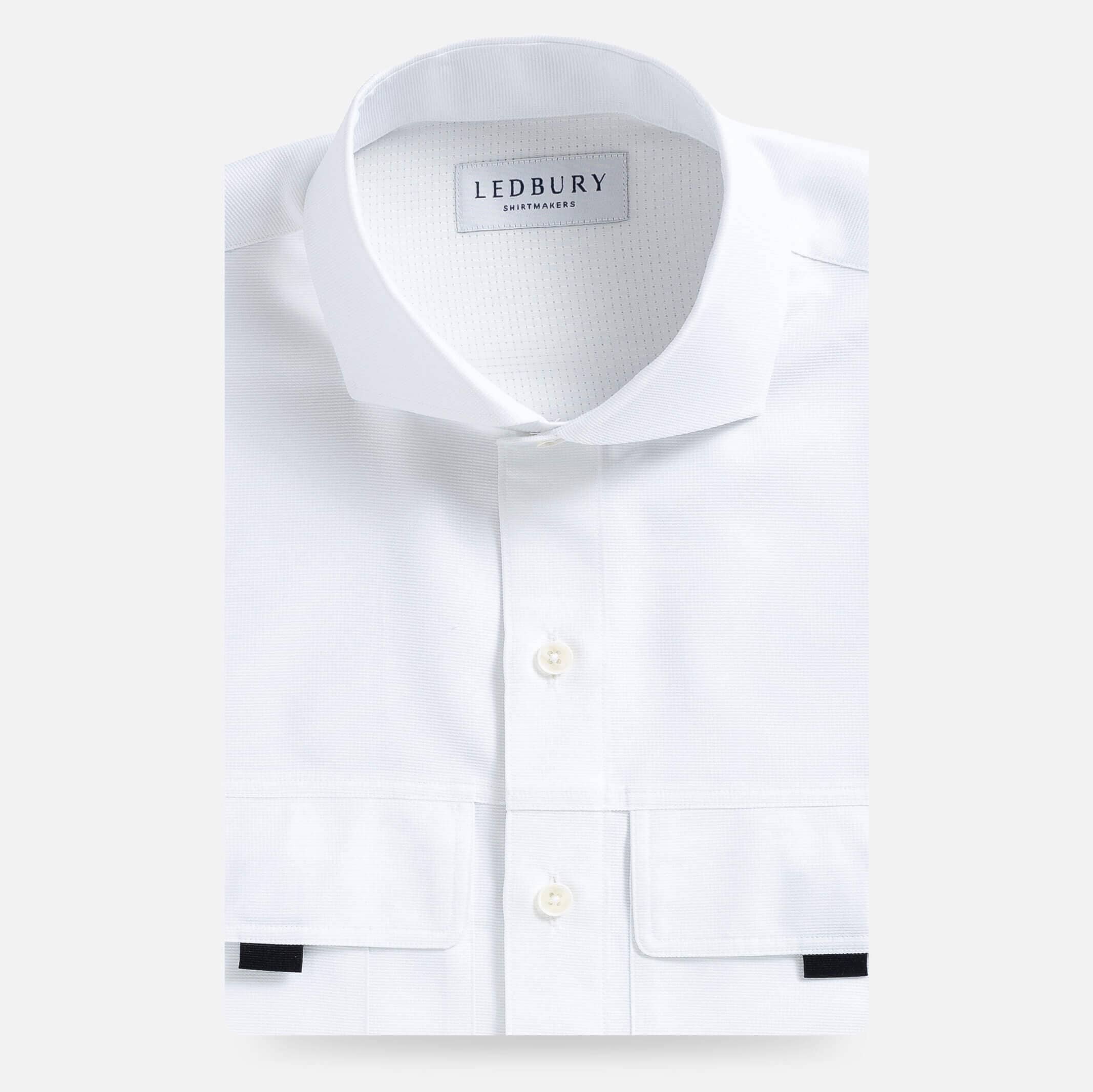 White Tulu fishing shirt front view with multi-compartment pockets - Ledbury recycled polyester