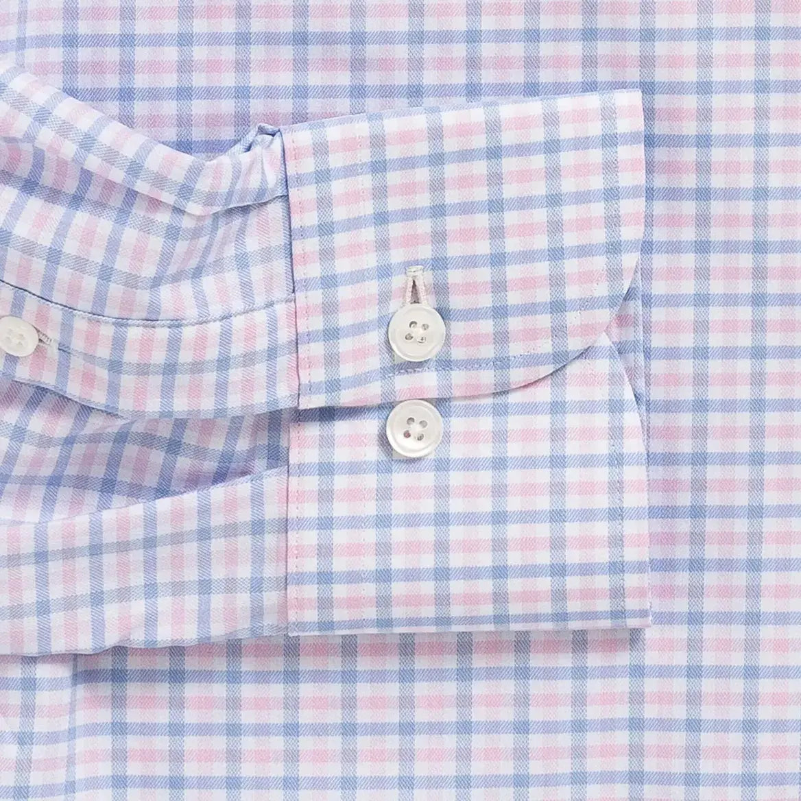 Pink tattersall performance dress shirt cuff and sleeve - Journey Flex stretch fabric tailoring