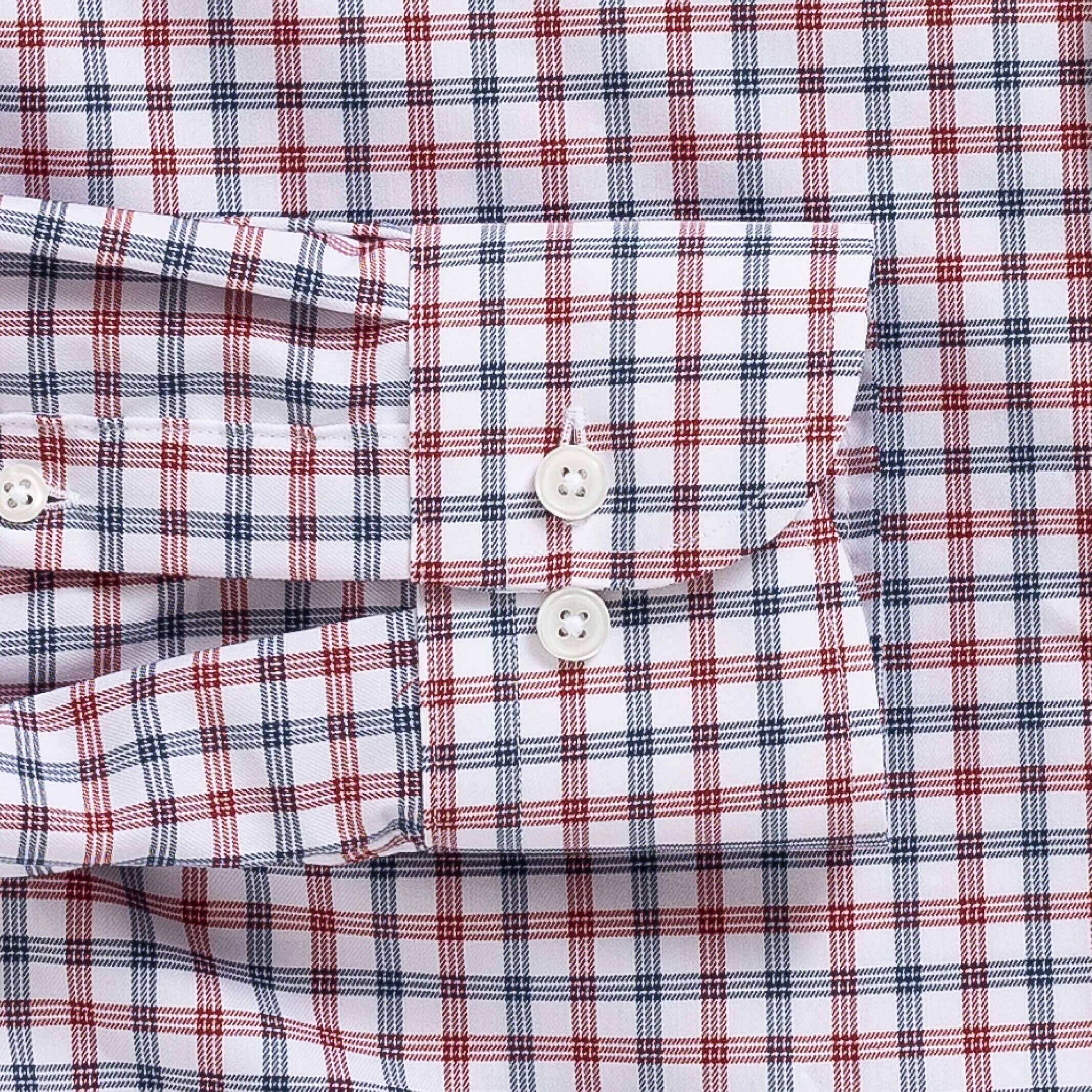 Brick red check performance dress shirt cuff and sleeve - Journey Flex stretch fabric tailoring