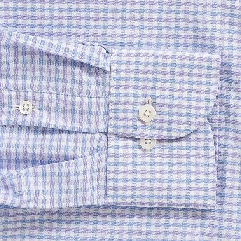 Lavender tattersall performance dress shirt cuff and sleeve - Journey Flex stretch fabric tailoring