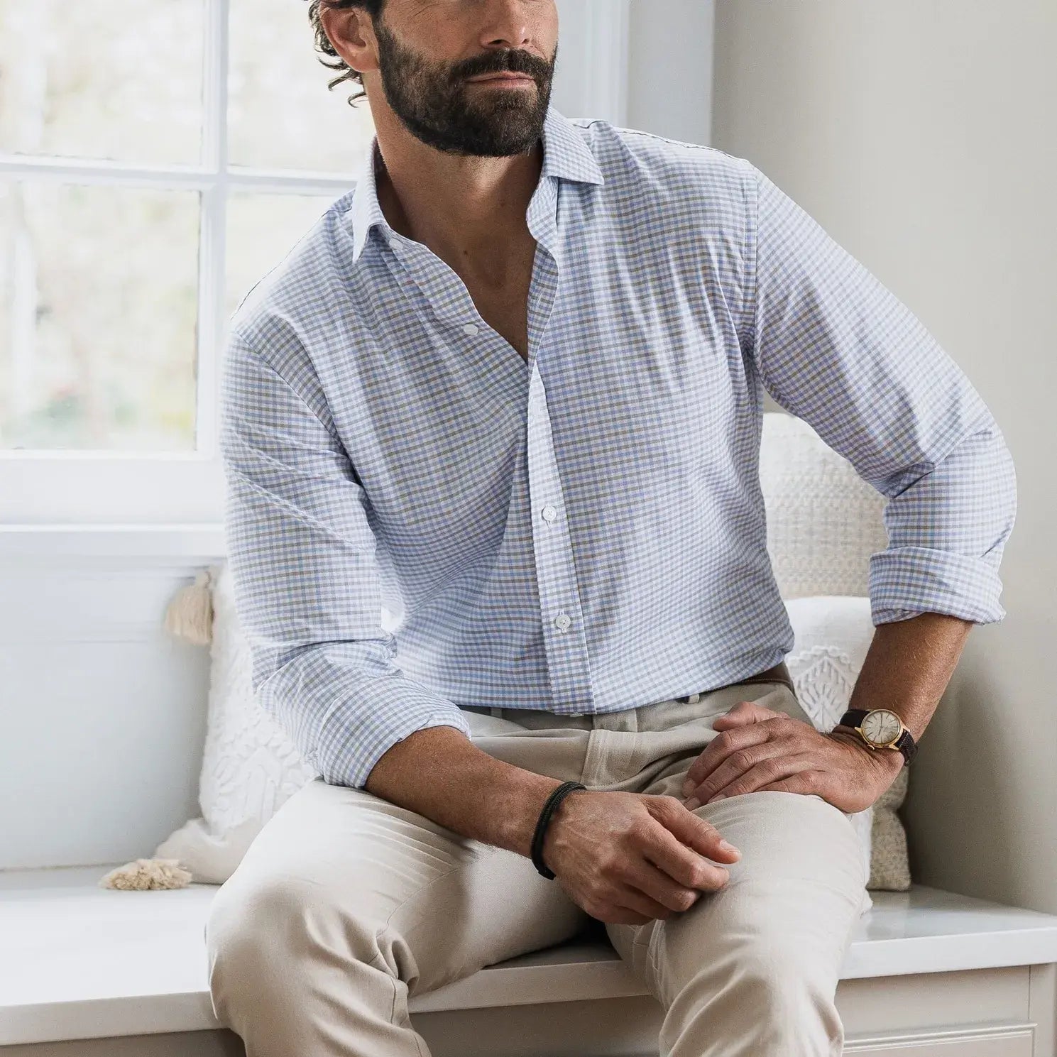 Man wearing light blue Journey Flex performance tattersall dress shirt - wrinkle-resistant stretch fabric
