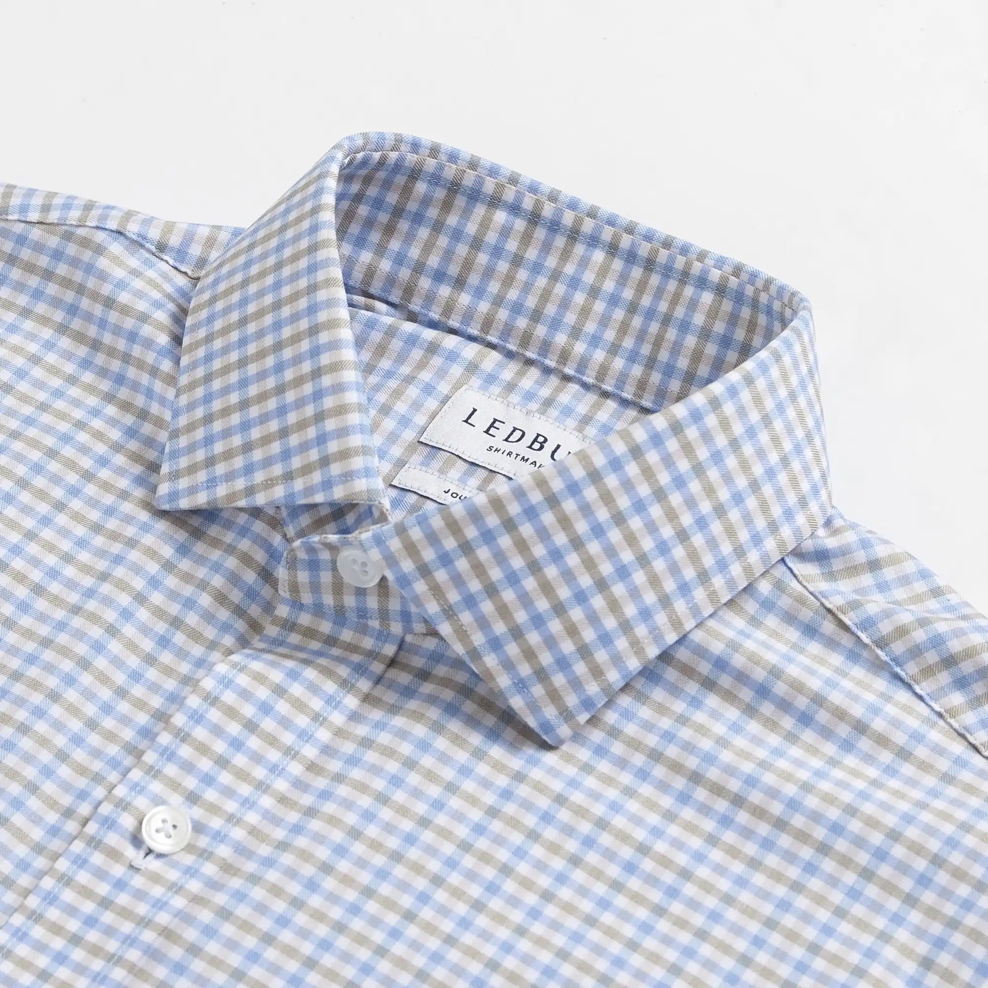 Custom dress shirt collar detail - Journey Flex light blue tattersall performance fabric construction