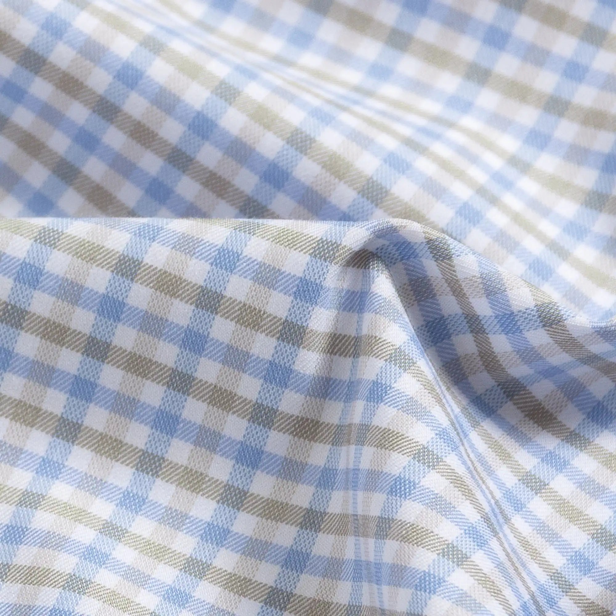 Journey Flex light blue tattersall dress shirt fabric close-up - wrinkle-resistant performance material
